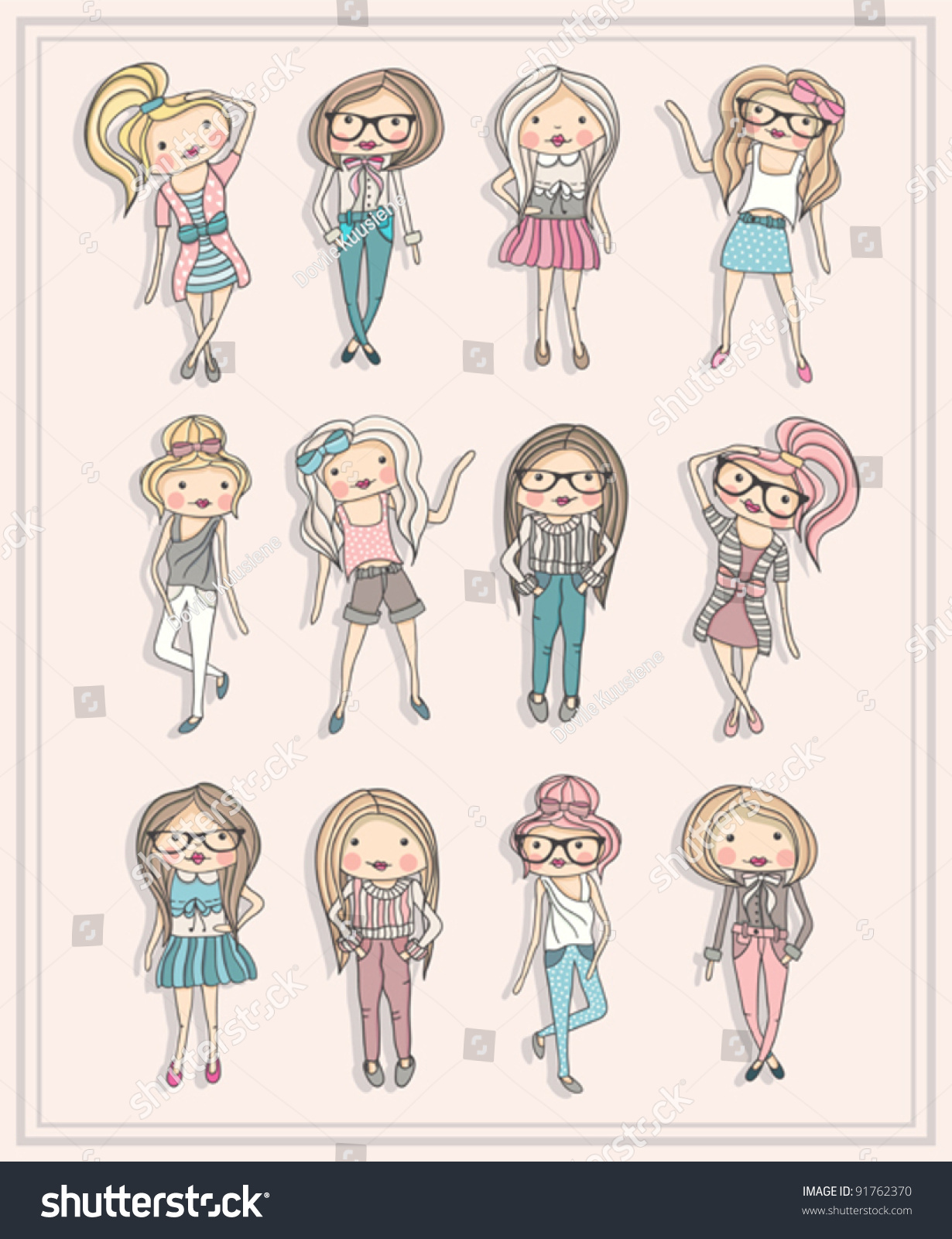 Cartoon Girls Fashion Children Set Cute Stock Vektorgrafik