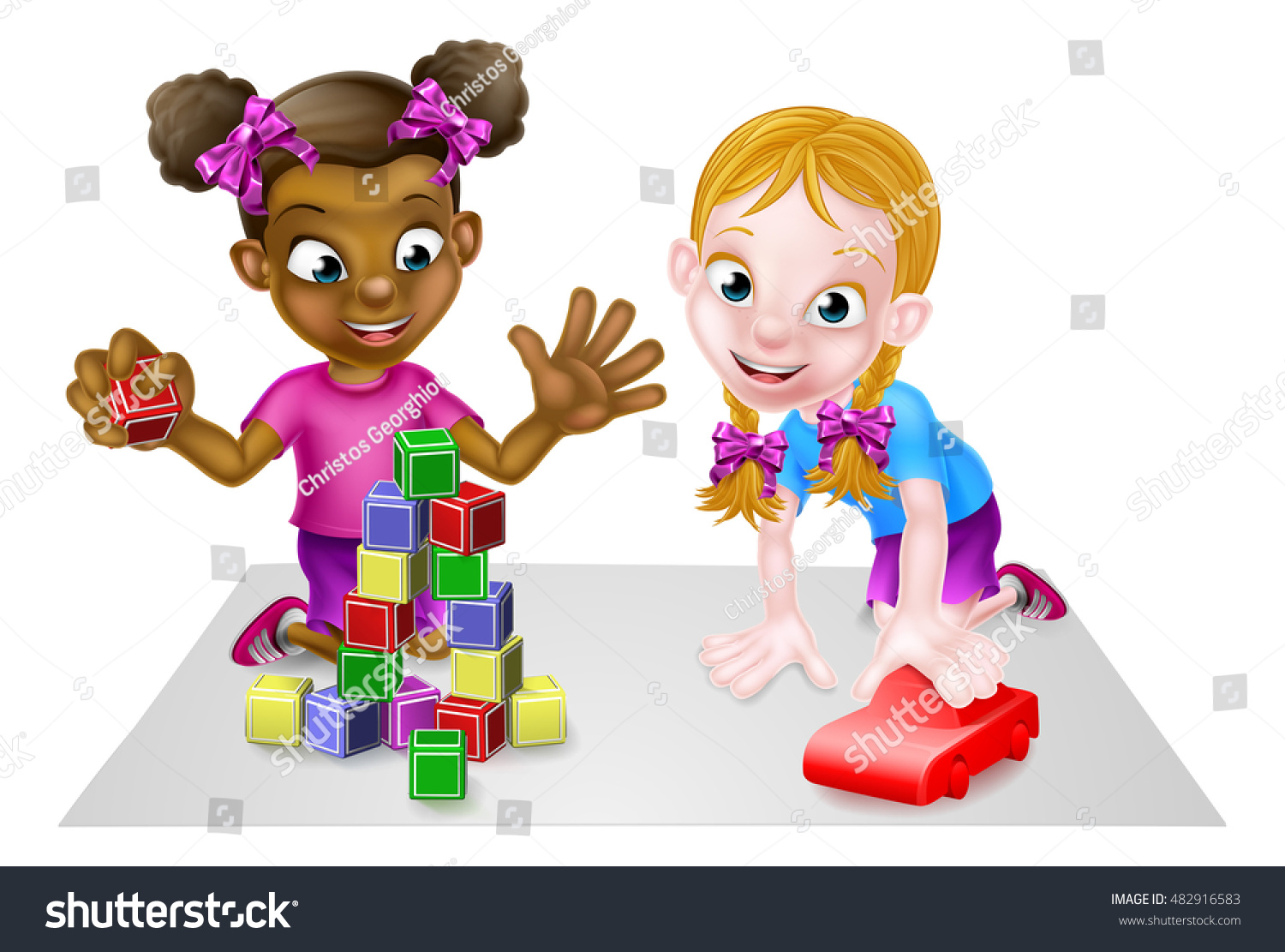 Cartoon Girls Playing Toys Toy Building Stock Vector Royalty Free