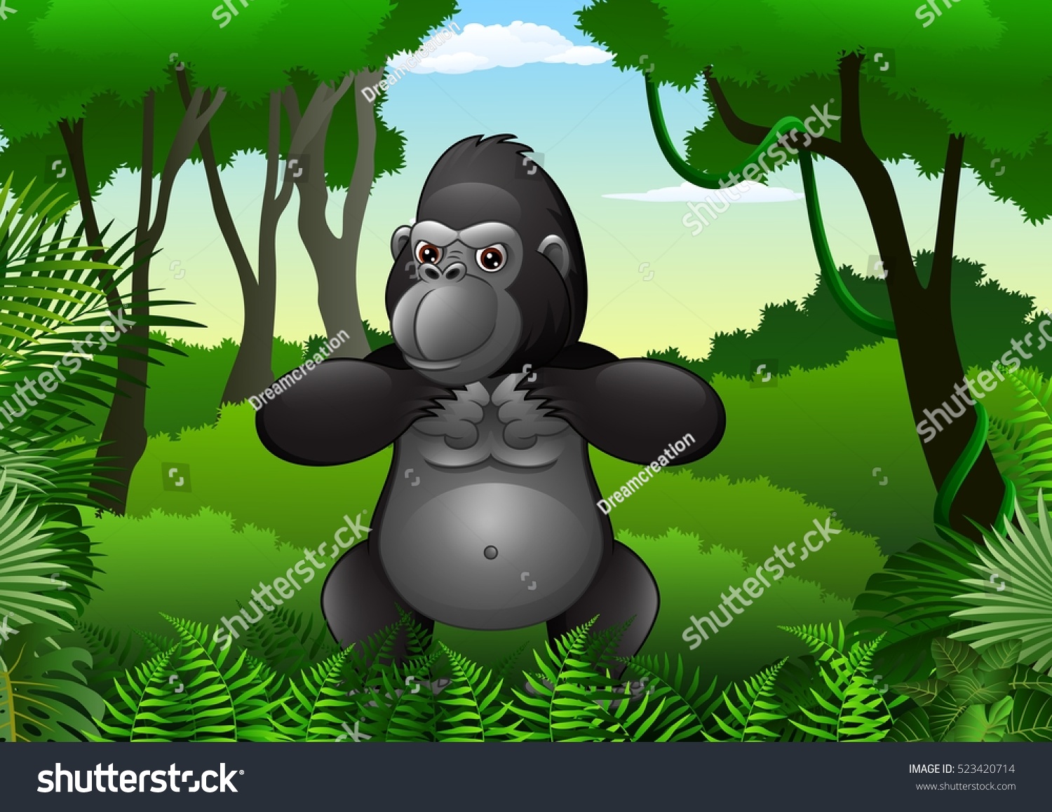 Stockvektor Med Cartoon Gorilla Jungle Royaltyfri