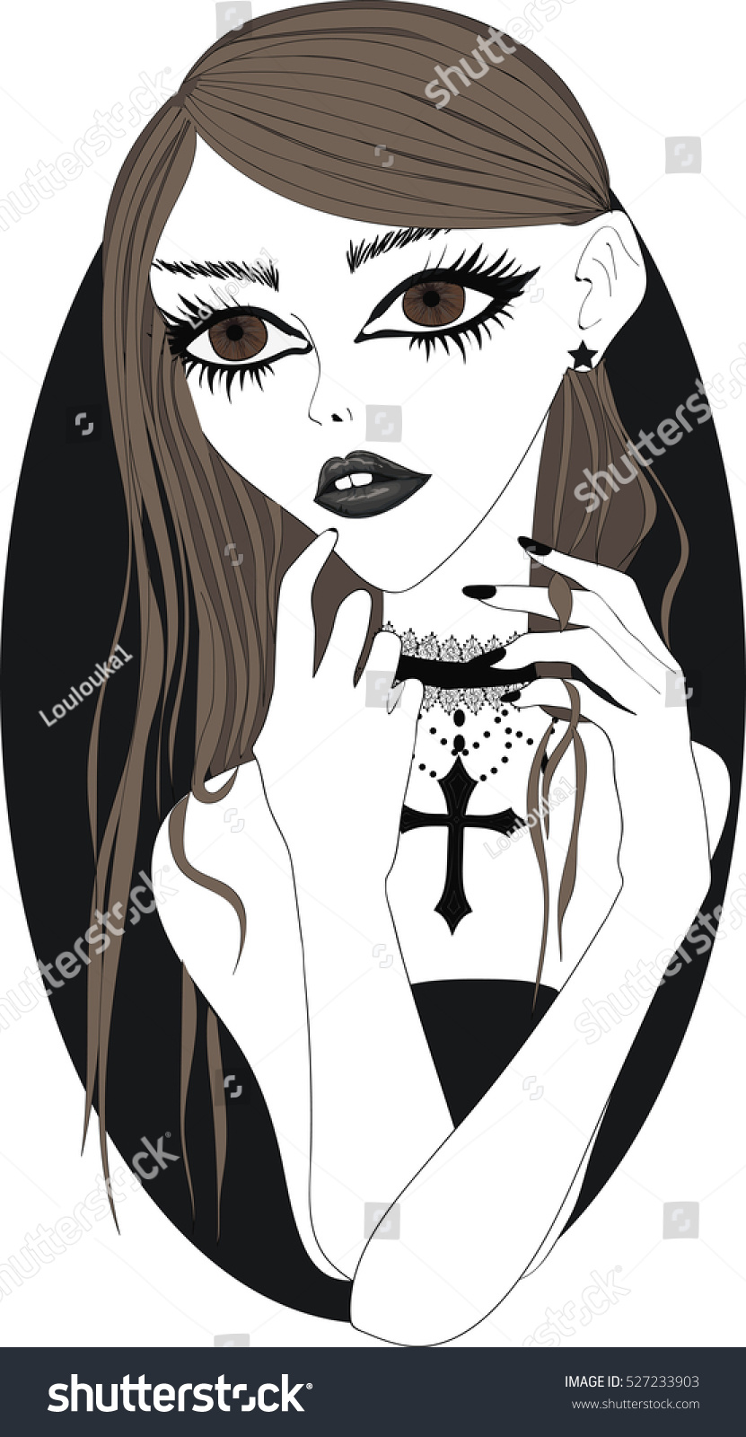 Cartoon Goth Girl Long Brown Hair Stock Vektorgrafik