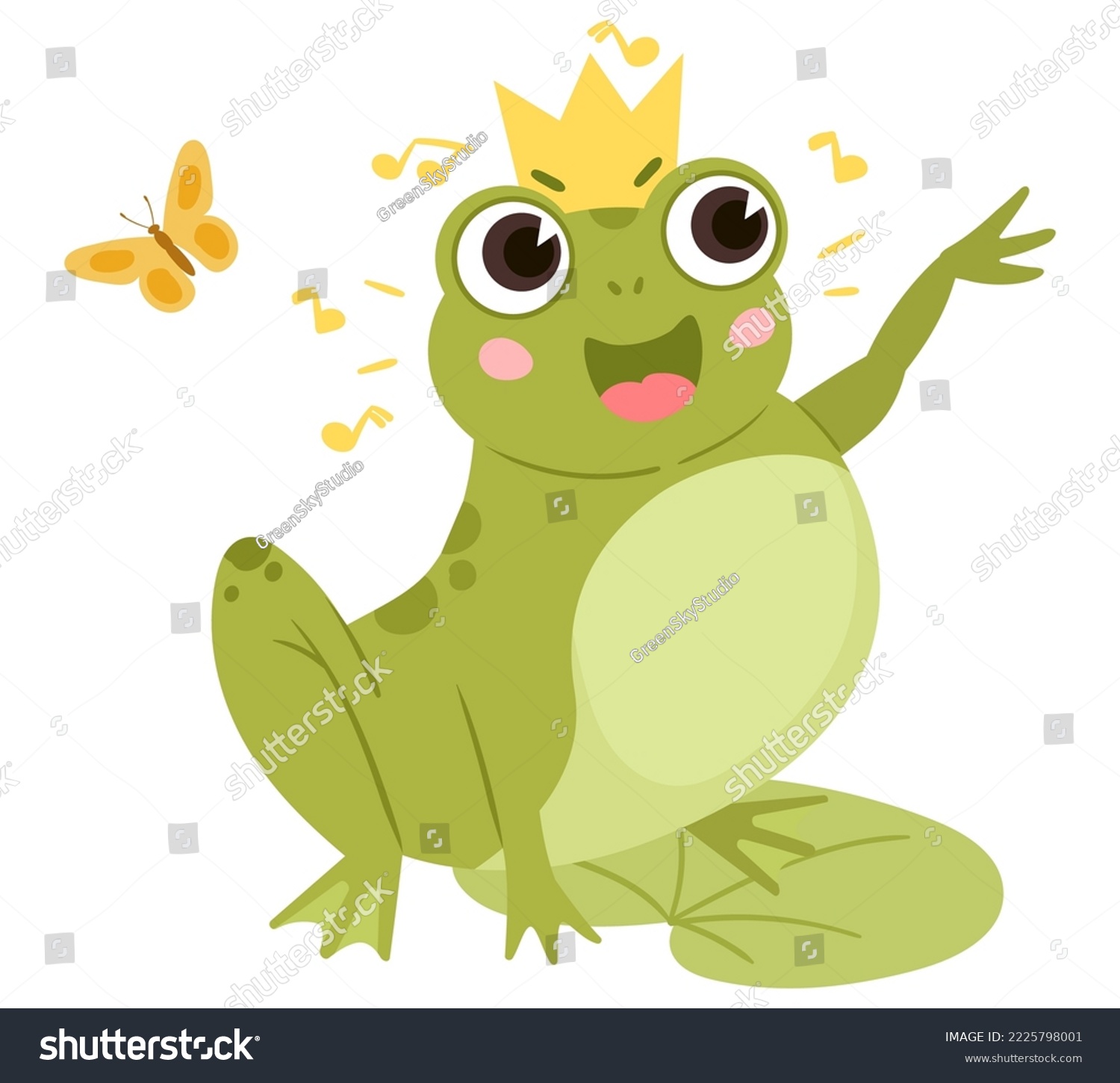 SVG of Cartoon green frog in crown sitting in pond. Cute amphibia in natural habitat, froggy animal in pond with water lilies isolated flat vector illustration on white background svg