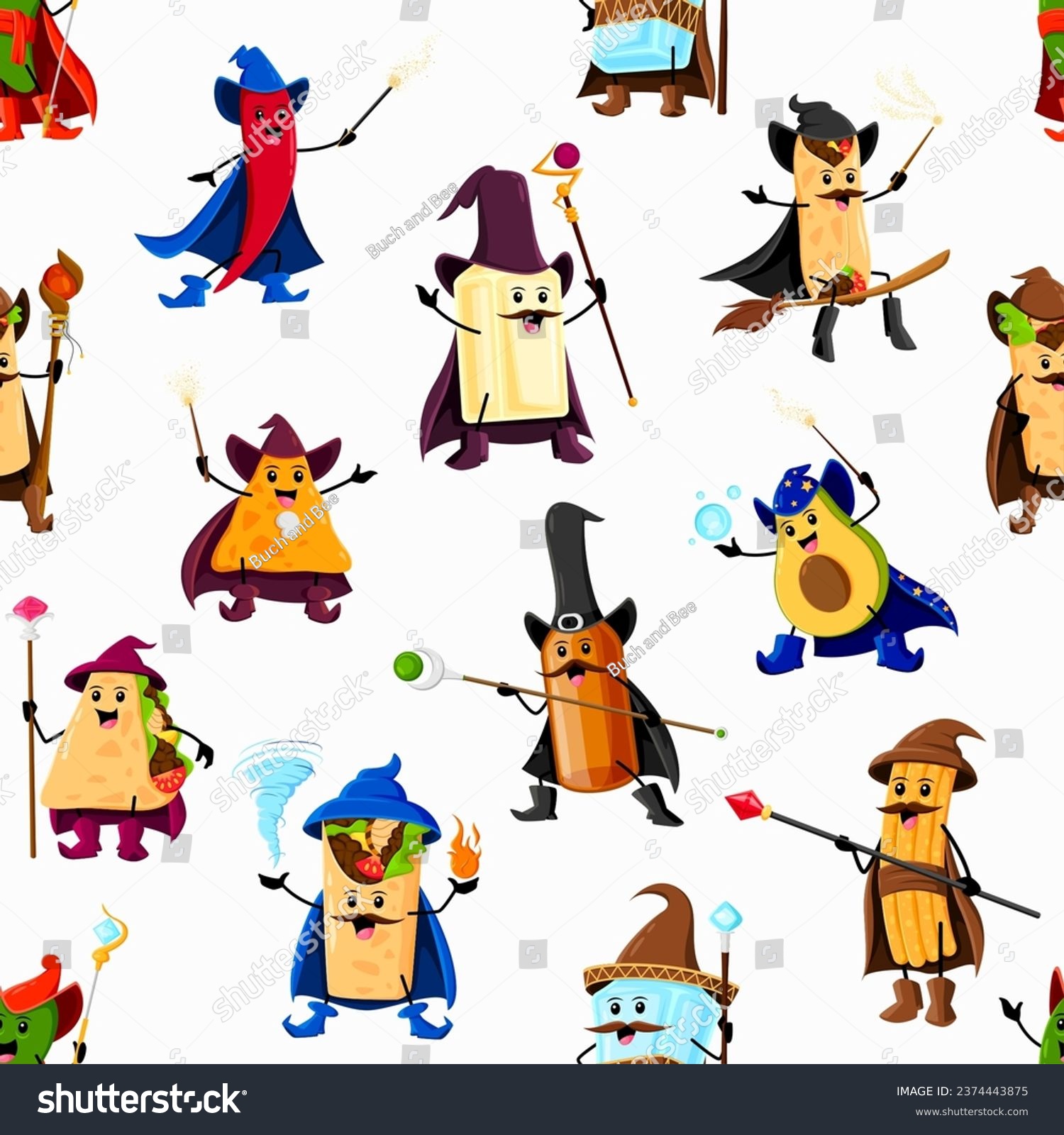 SVG of Cartoon Halloween tex mex food wizard characters pattern. Vector tile with red chili pepper, tequila, mezcal and pulque bottles. Burrito, quesadilla, churros or avocado with enchiladas or chimichanga svg
