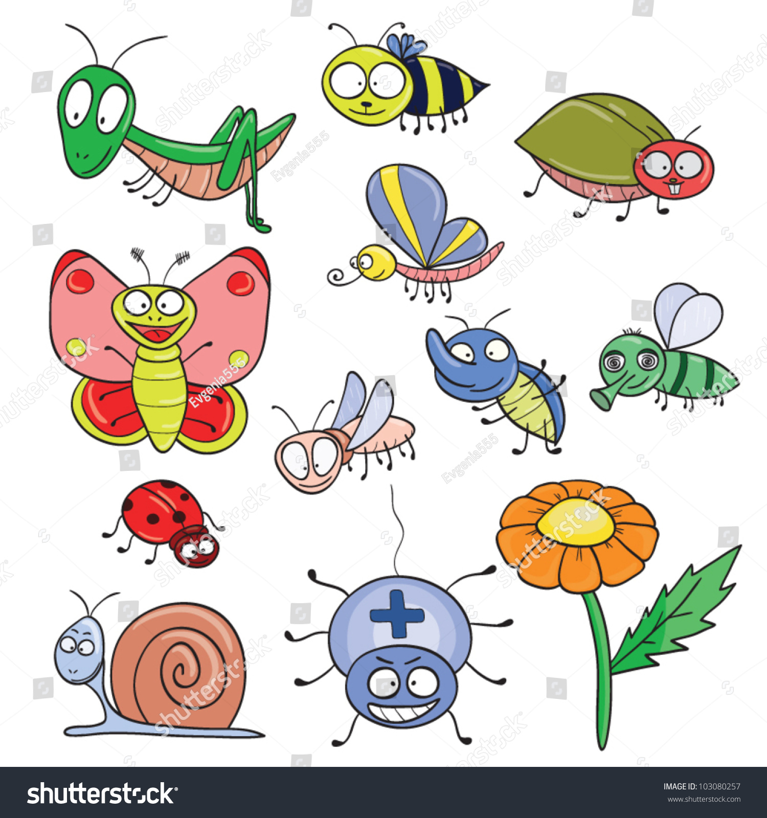 Cartoon Handdrawn Cute Insects Set Vector Stock Vector 103080257 ...