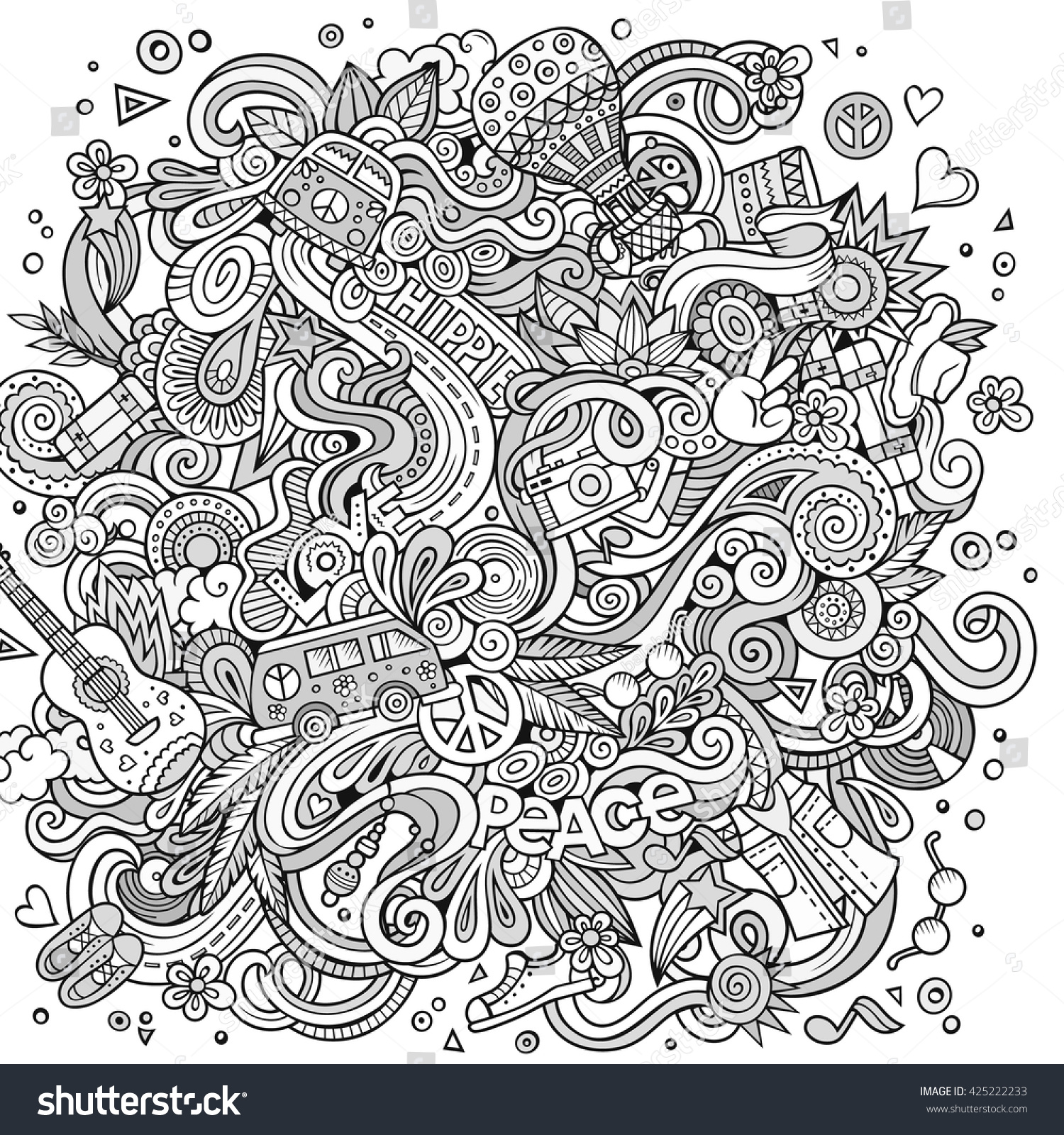 Cartoon Hand Drawn Doodles Hippie Illustration Stock Vector (Royalty ...