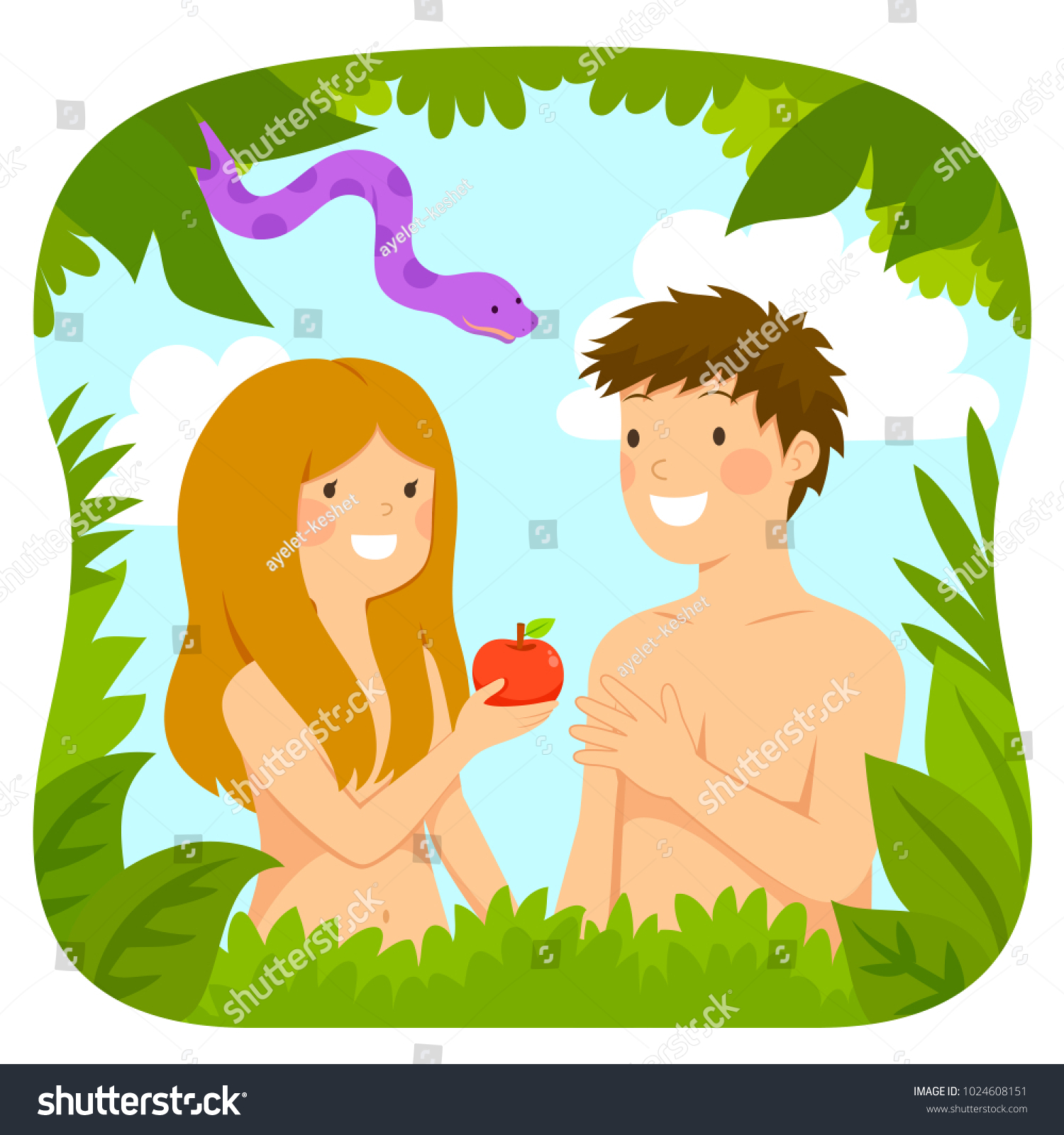 リンゴと蛇を持つ漫画の幸せなアダムとイブ のベクター画像素材 ロイヤリティフリー