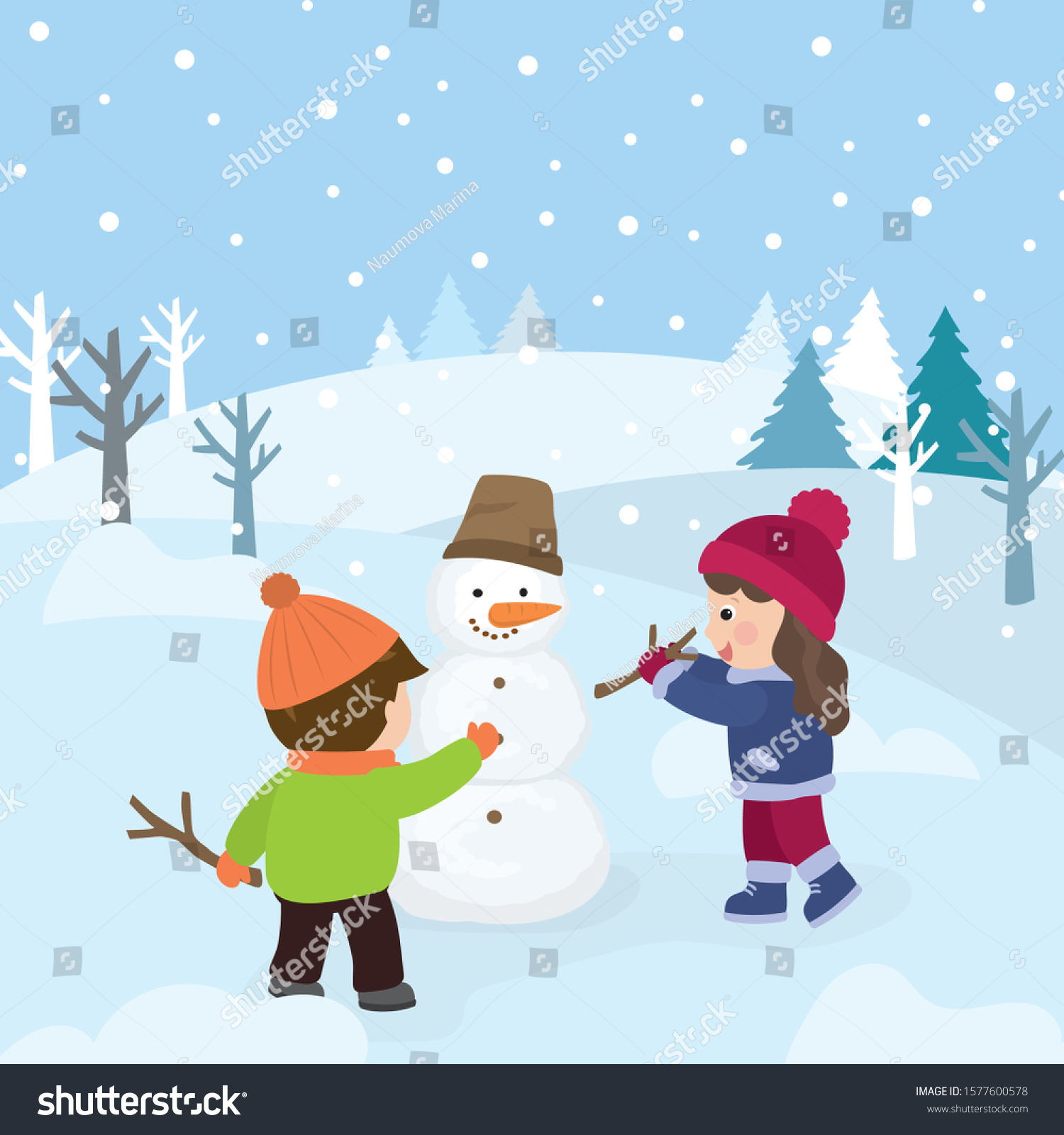 Cartoon Happy Children Make Snowman Cute Stock Vector Royalty Free