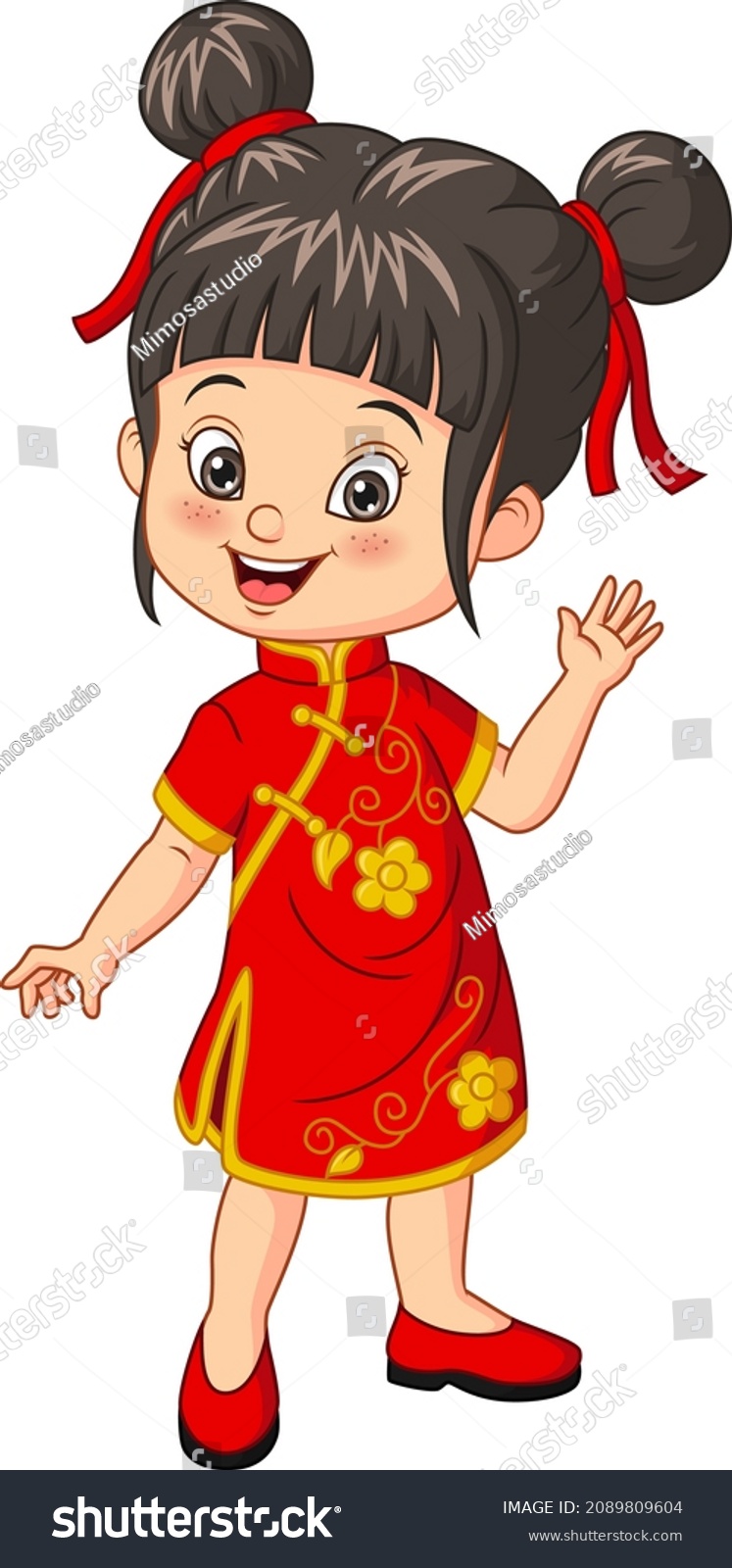 Cartoon Happy Chinese Girl Waving Hand Stock Vector (Royalty Free ...