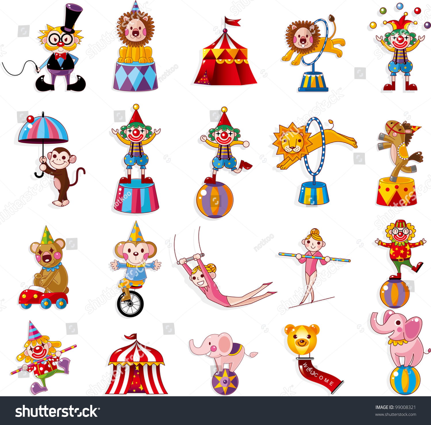 Cartoon Happy Circus Show Icons Collection Stock Vector Illustration ...