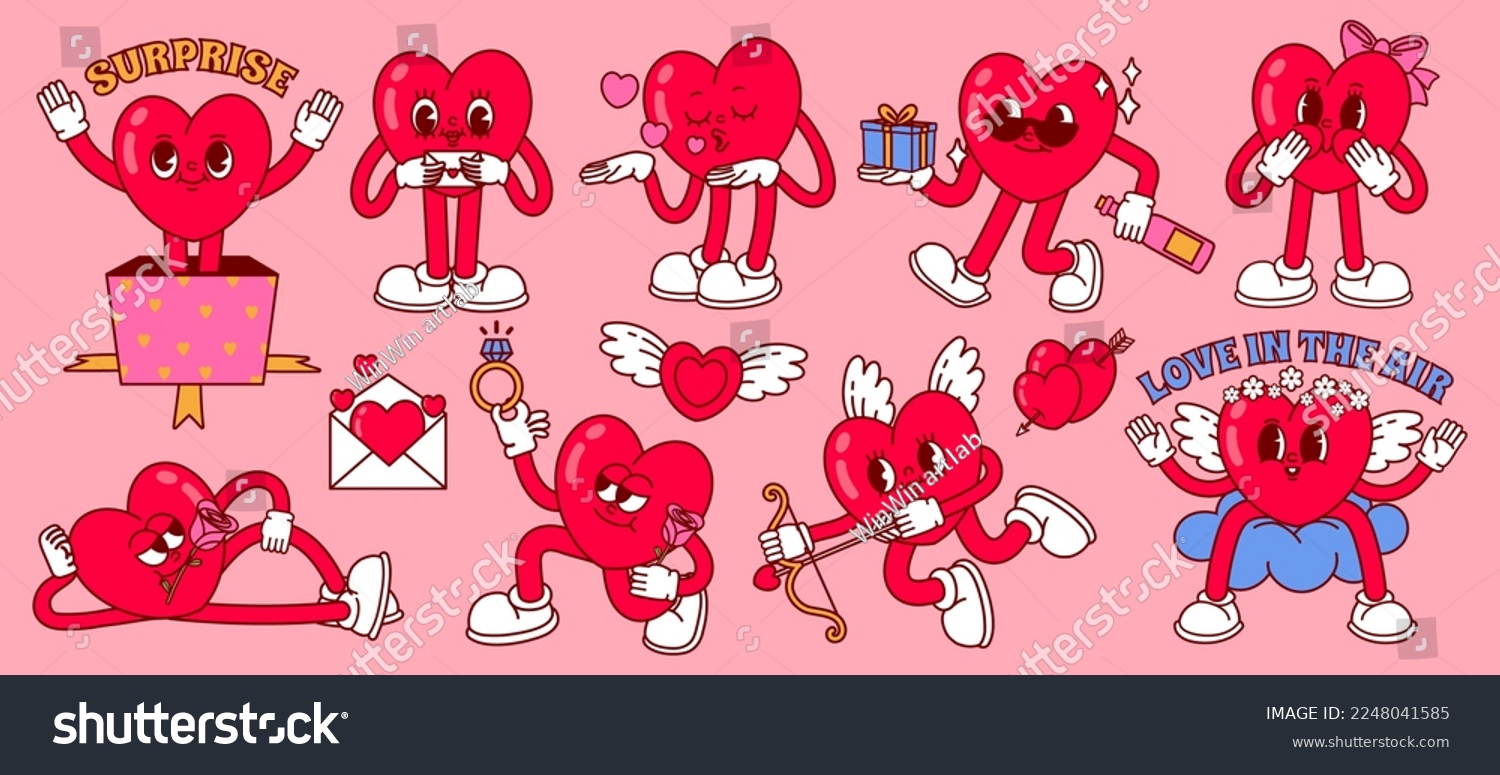 SVG of Cartoon heart mascot. Romantic valentine, love character with gift and angel cupid heart vector illustration set. Characters holding gift, bottle of champagne, ring for marriage proposal svg