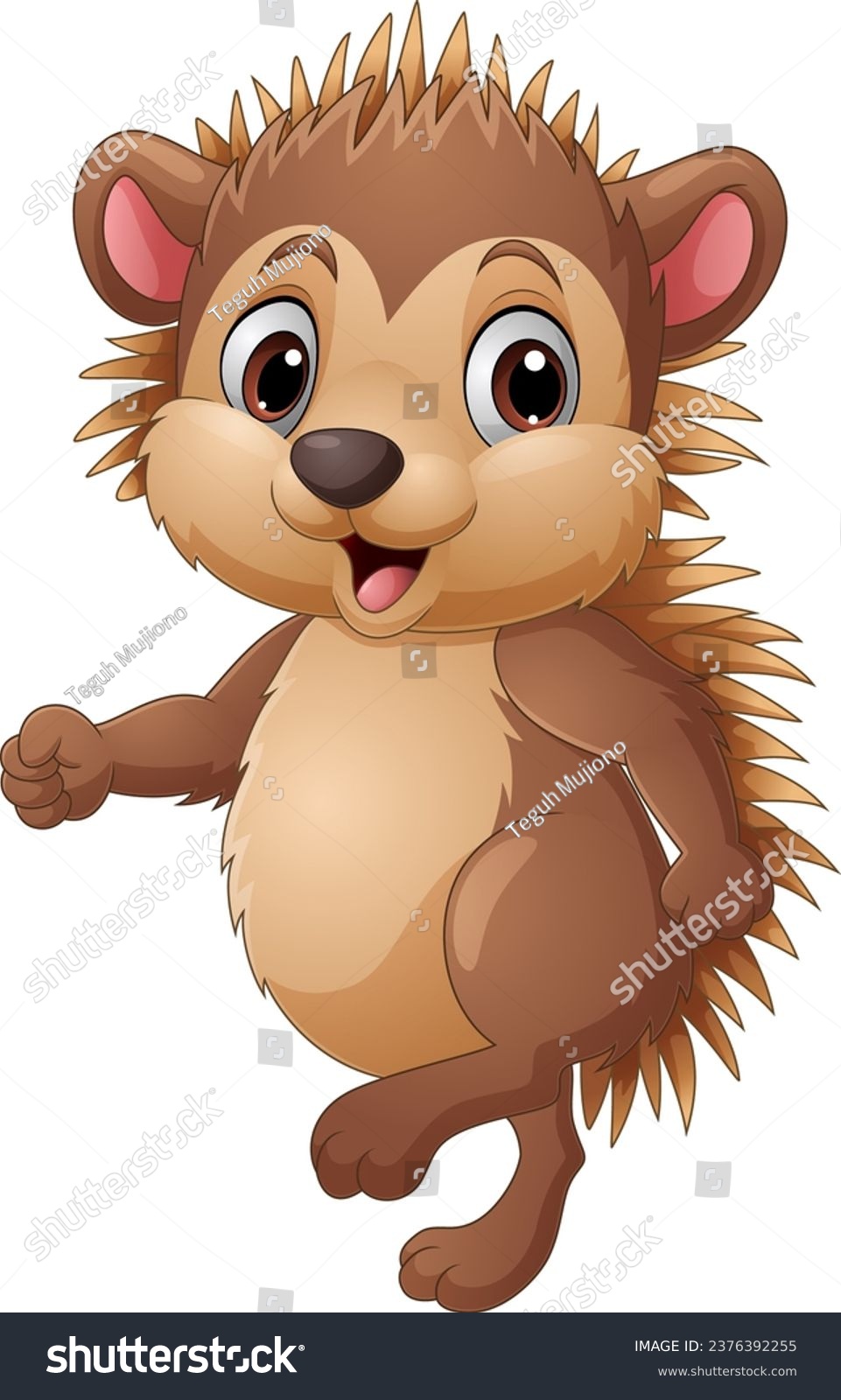 cartoon hedgehog smiling, brown, walking forward clip art preview