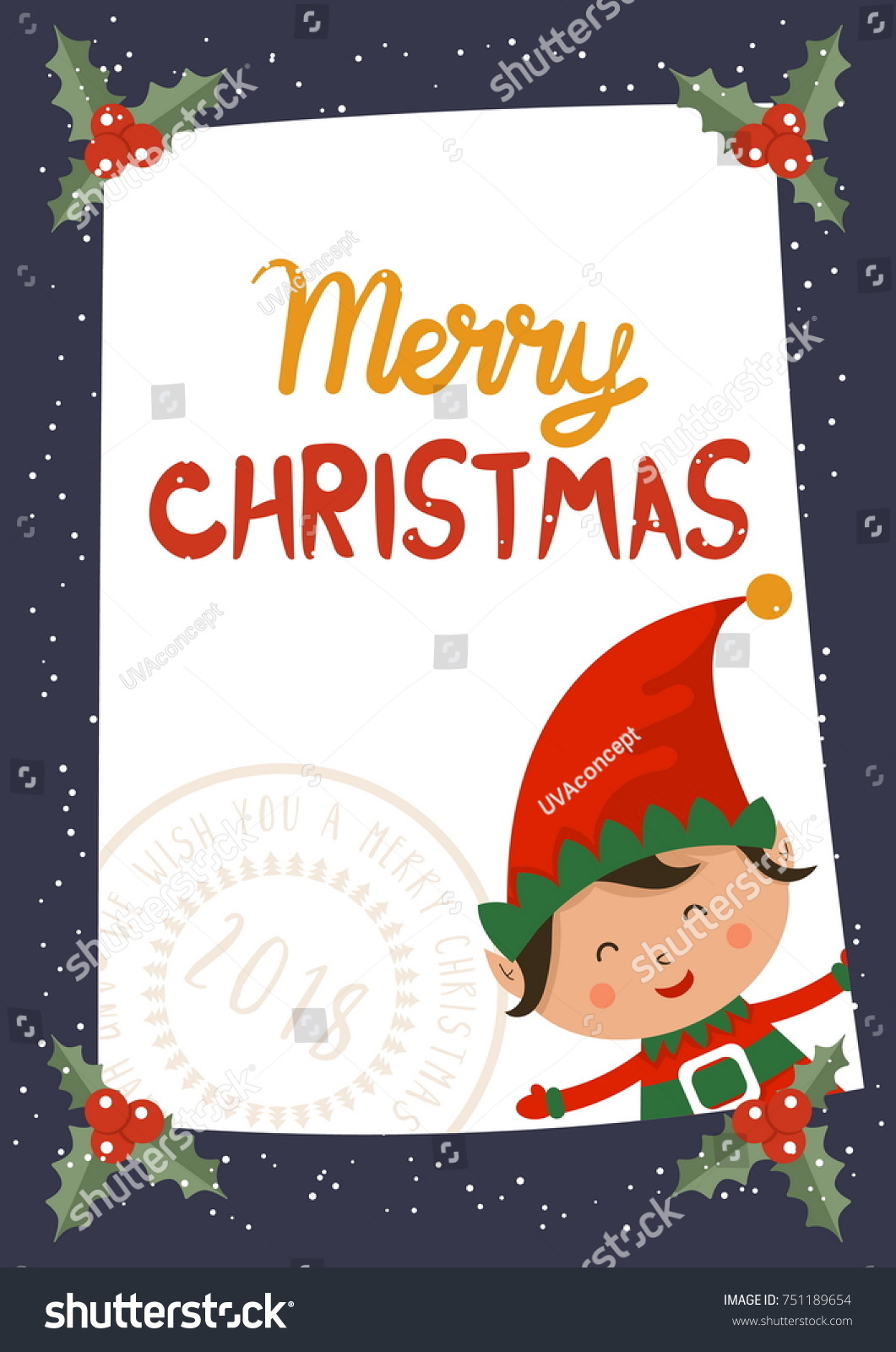 Cartoon illustration for holiday theme with elf on winter background Greeting card for Merry Christmas