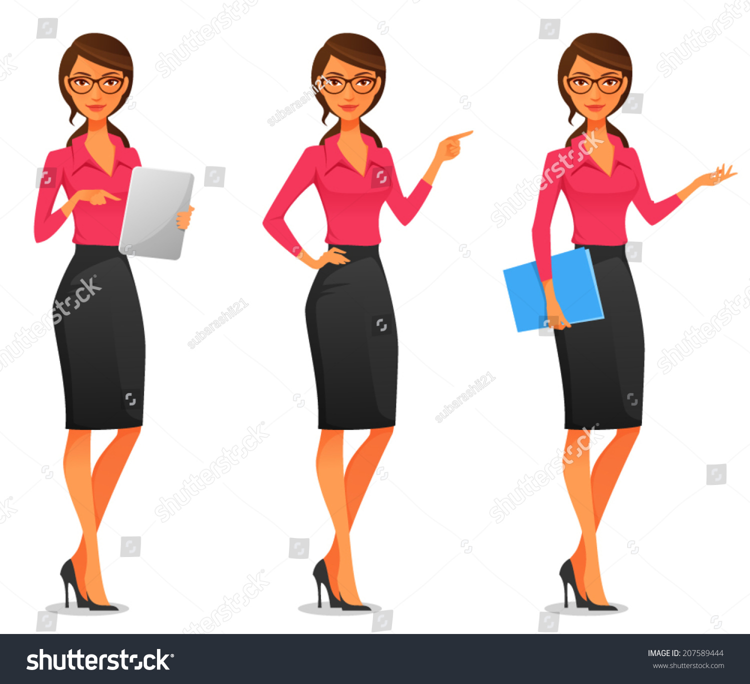 Cartoon Illustration Of A Beautiful Young Business Woman In Various ...