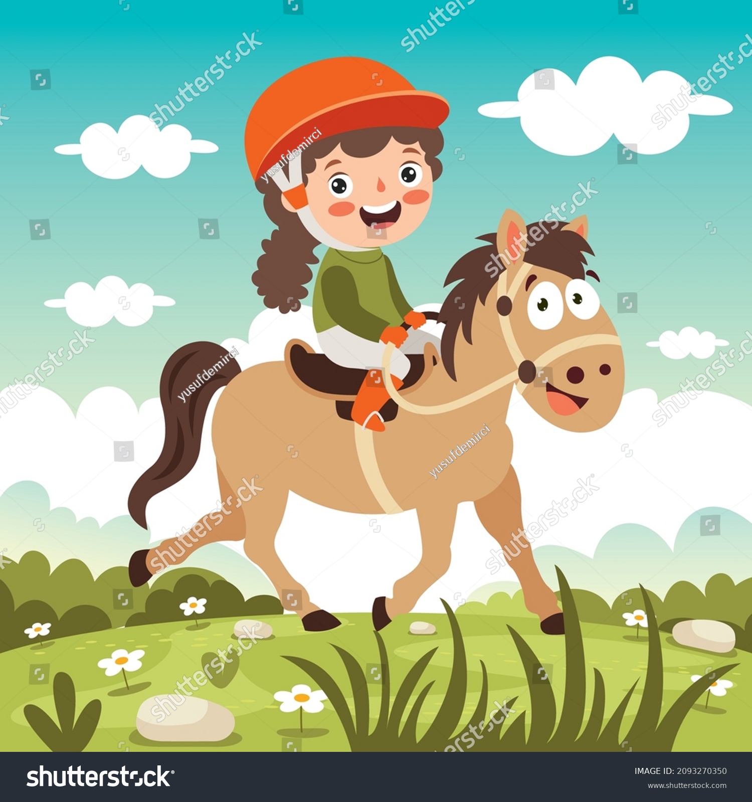 Cartoon Illustration Kid Riding Horse Stock Vector (Royalty Free ...