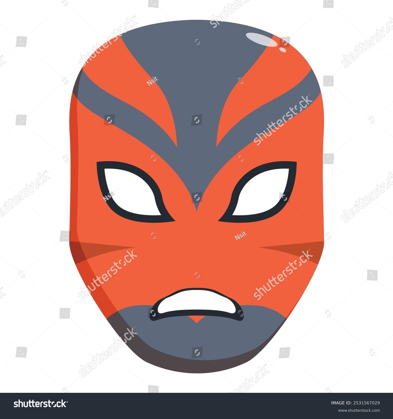 recommend clip art: Cartoon illustration of a luchador mask with an orange base and grey details, featuring a determined expression