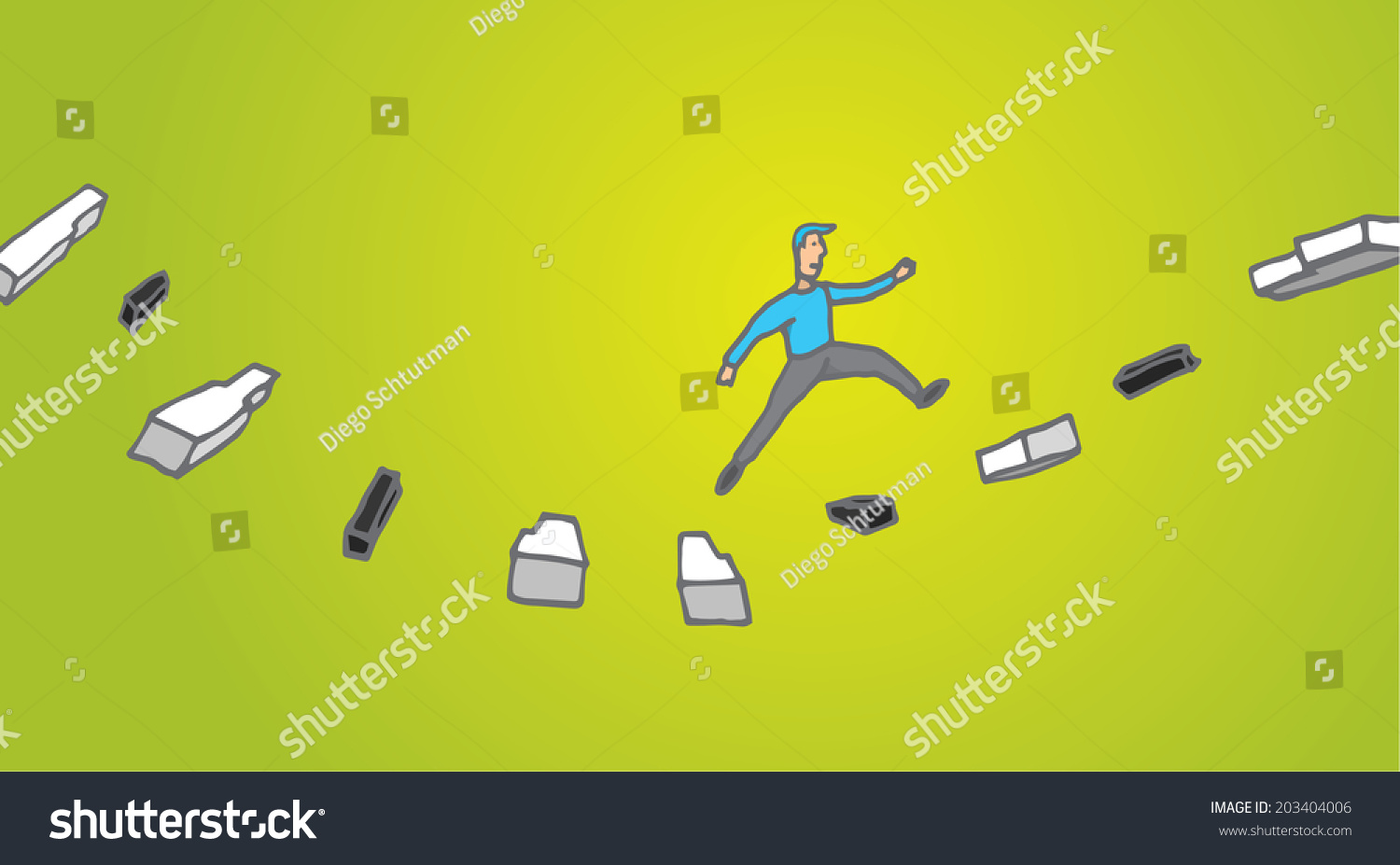 Cartoon illustration of a man jumping across piano keys improvising music