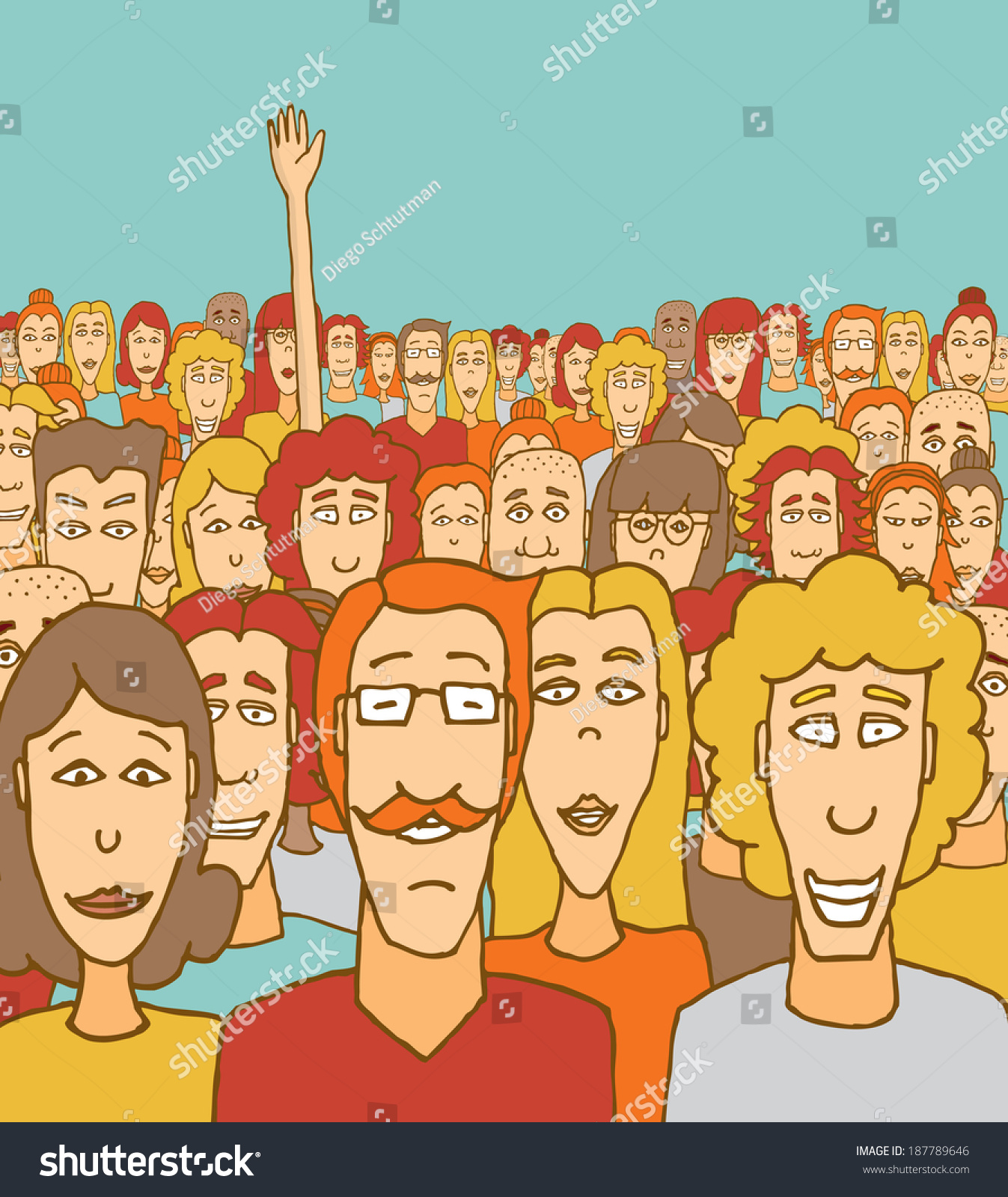 Cartoon Illustration Of A Man Raising His Hand Among Other People ...