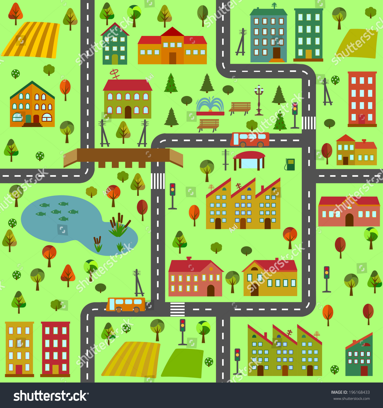 Cartoon Illustration Map City Different Houses Stock ...