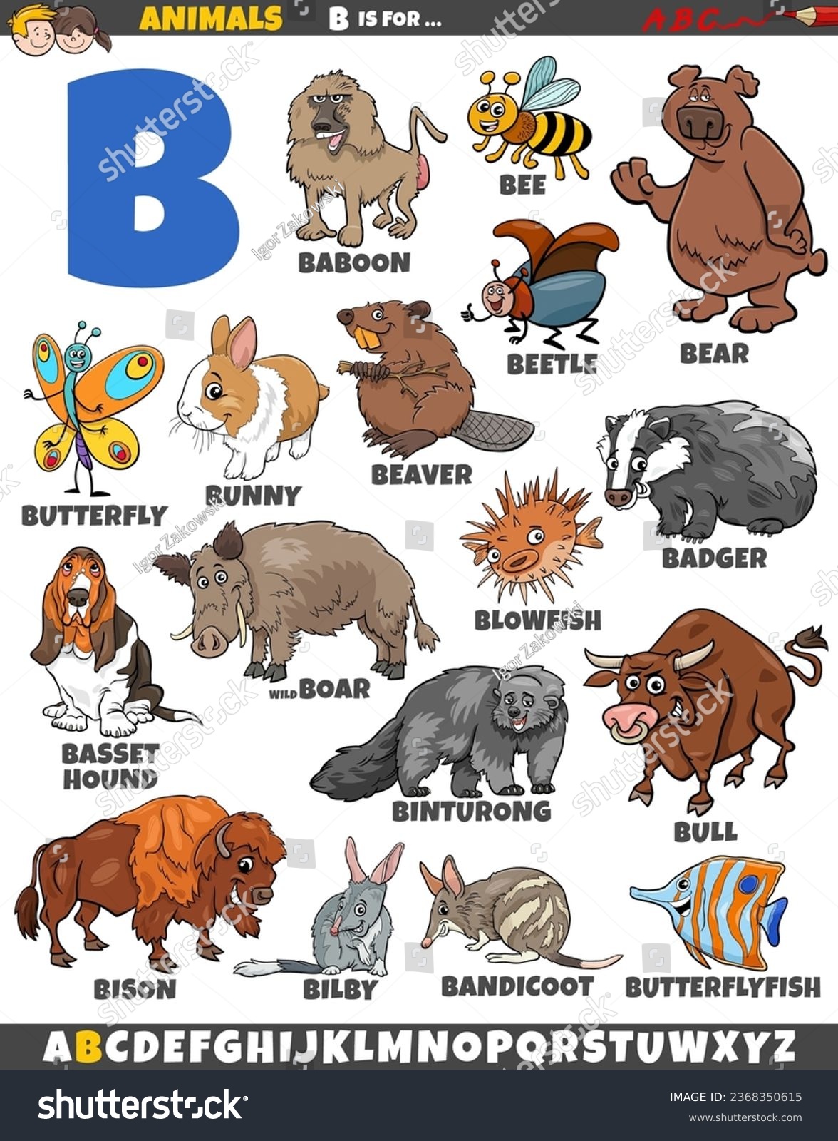 SVG of Cartoon illustration of animal characters set for letter B svg