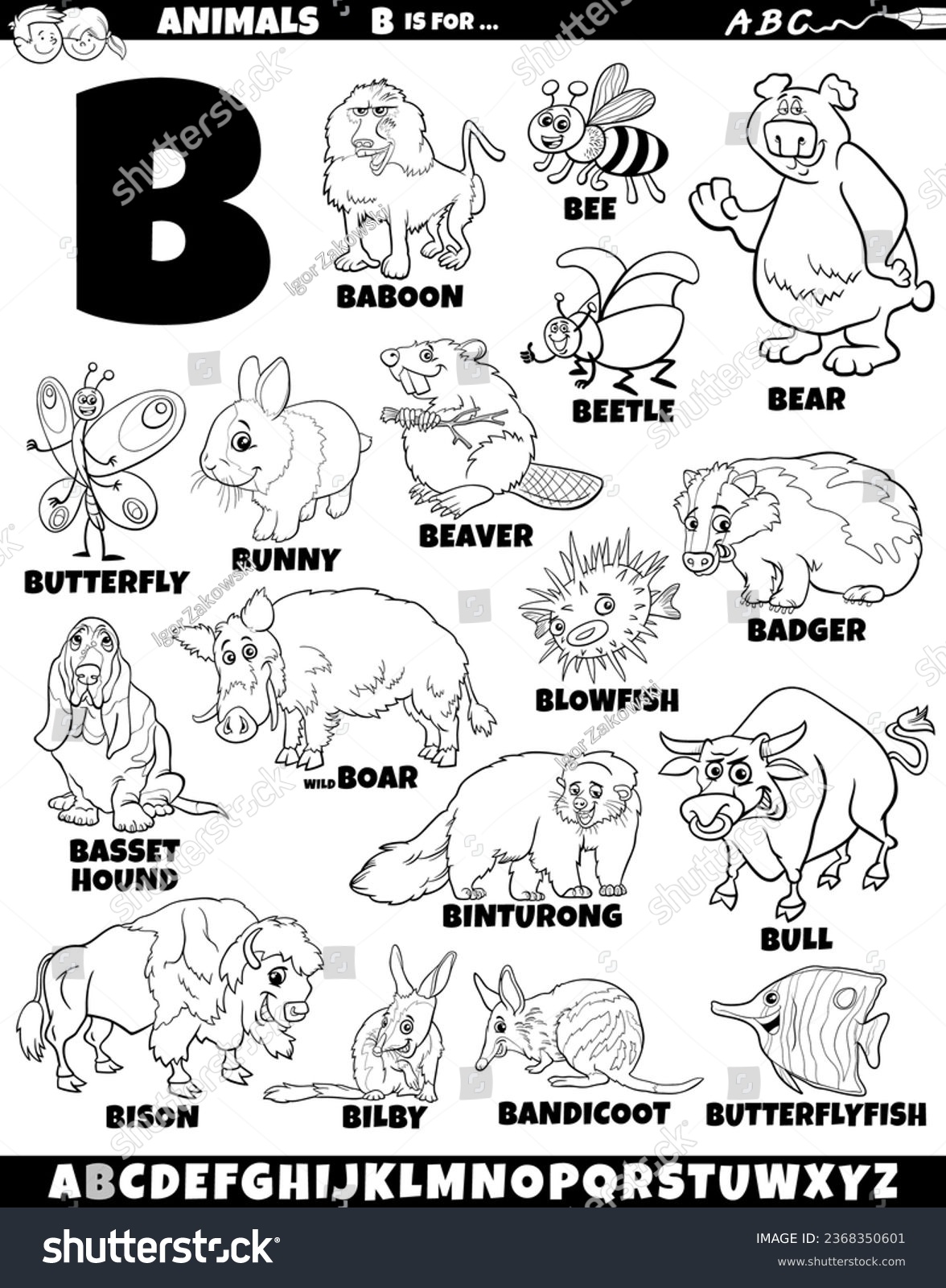 SVG of Cartoon illustration of animal characters set for letter B coloring page svg