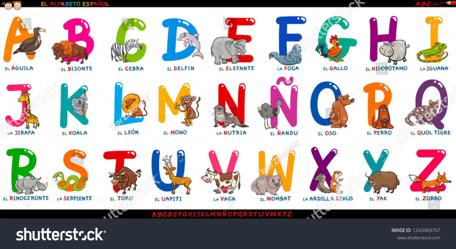 Cartoon Illustration Educational Colorful Spanish Alphabet Arkivvektor Royaltyfri 1243403707