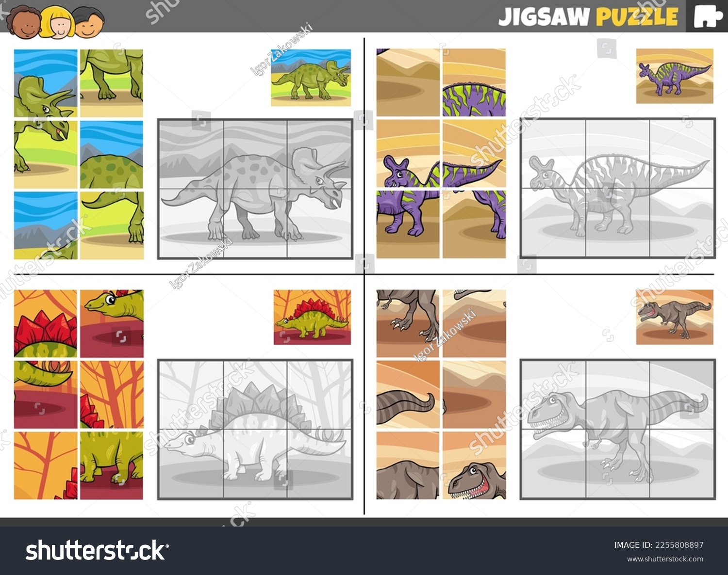 SVG of Cartoon illustration of educational jigsaw puzzle games set with dinosaurs prehistoric animal characters svg