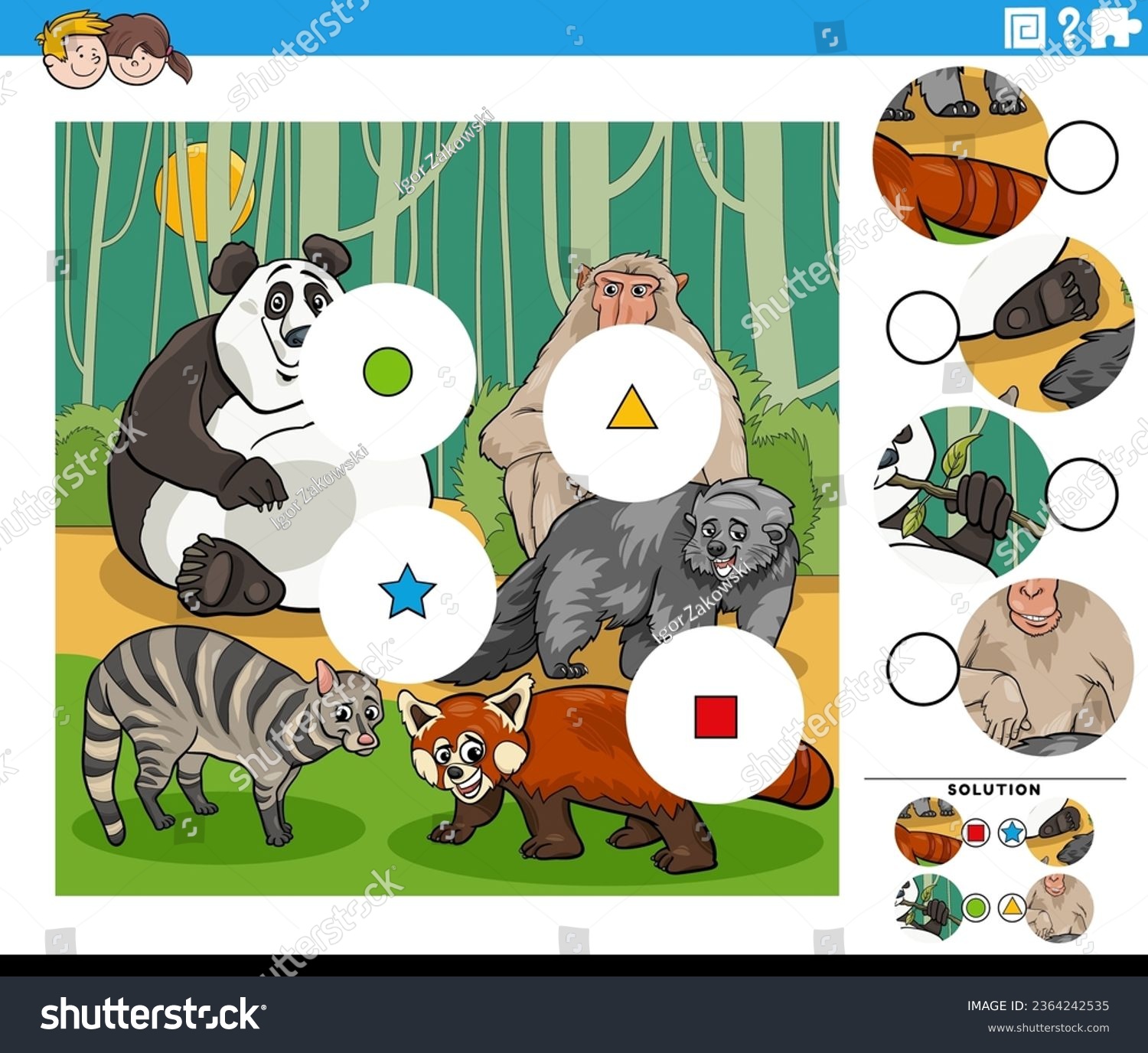 SVG of Cartoon illustration of educational match the pieces jigsaw puzzle game with animal characters svg