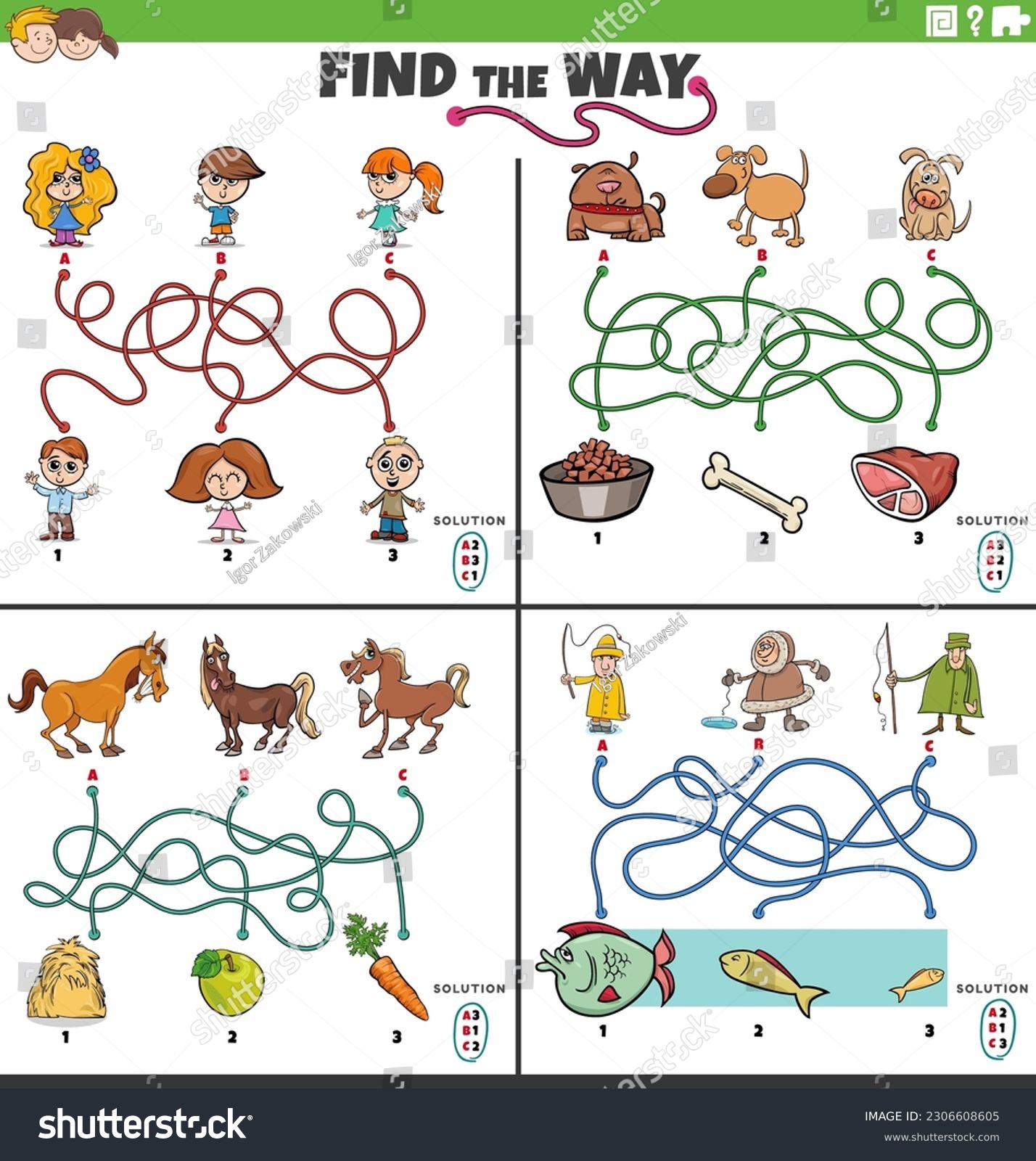 SVG of Cartoon illustration of find the way maze puzzle games set with comic characters svg