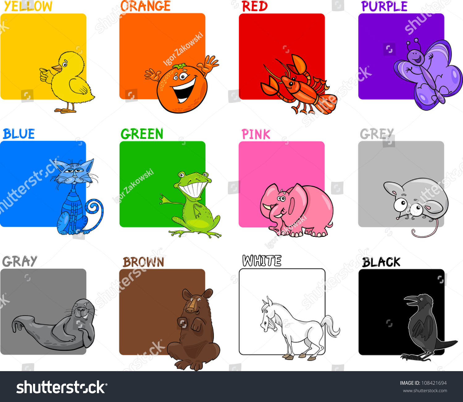 Cartoon Illustration Primary Colors Animals Objects Stock Vector ...