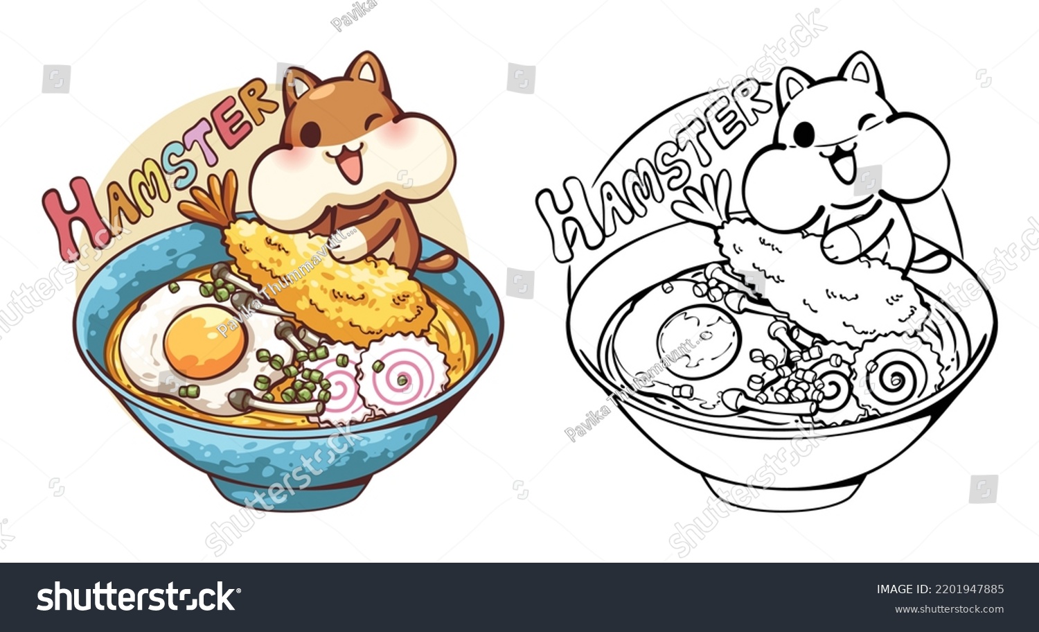 SVG of Cartoon illustration of Puffy cheeks hamster with ramen, Puffy cheeked hamster riding a large shrimp tempura, You can use these clipart for any custom project or used for as part of your design. svg