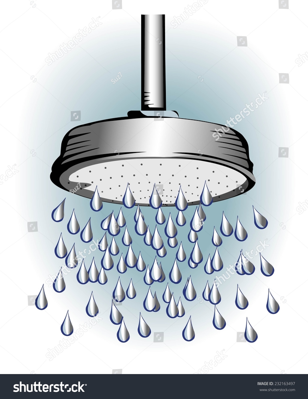 Cartoon Illustration Of Shower Head And Large Water Drops Falling ...