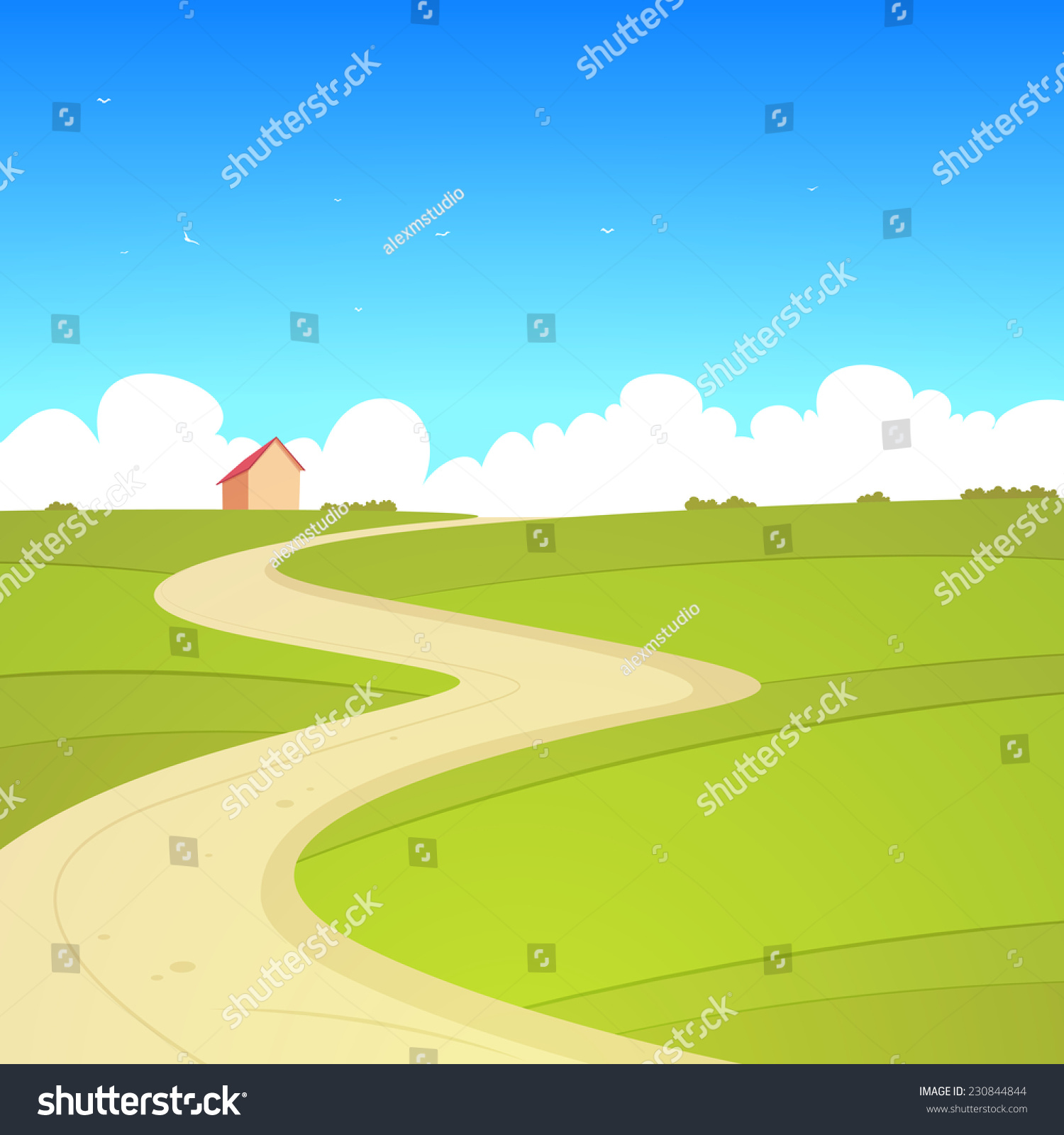 Cartoon Illustration Of The Country Road And House In Background ...