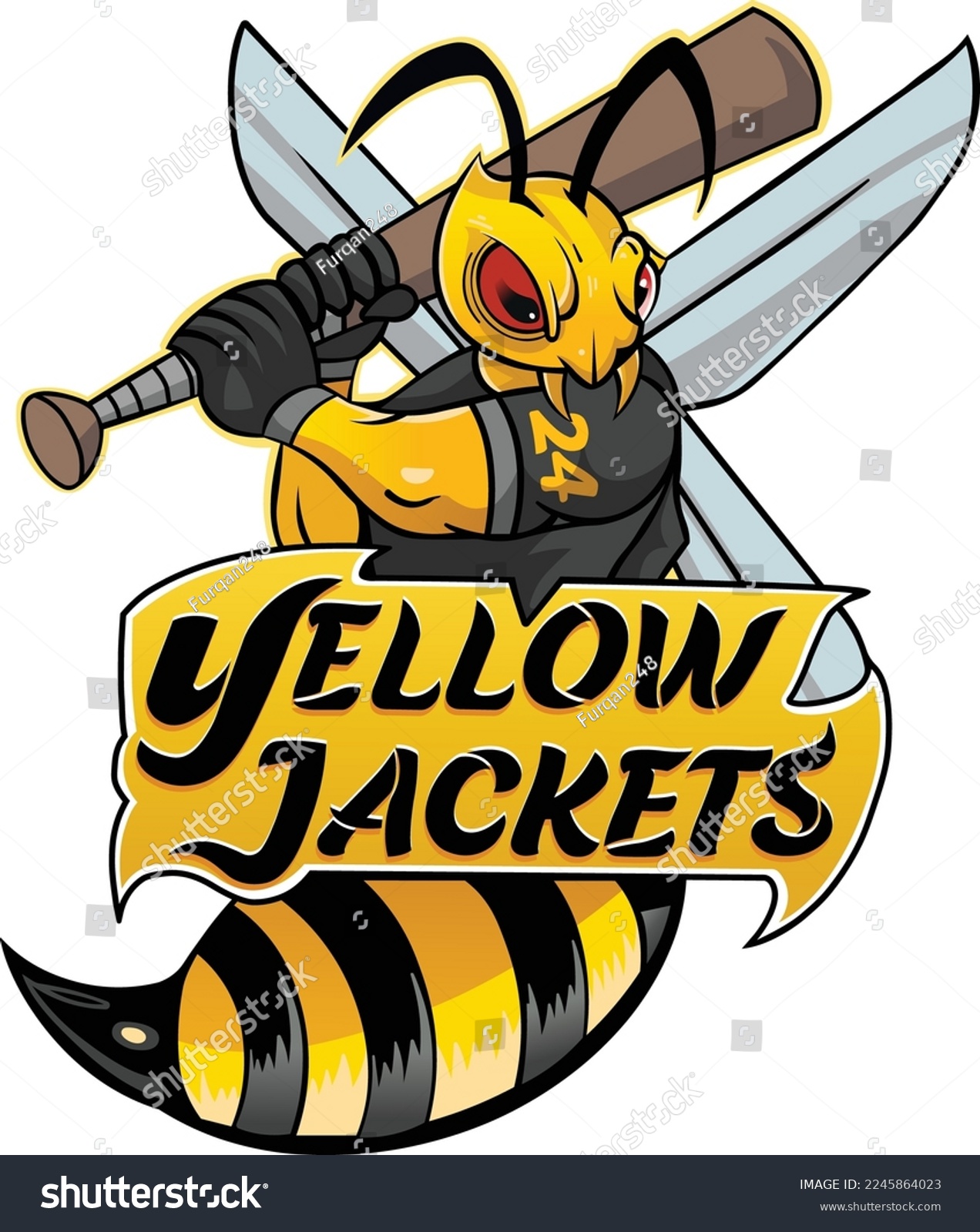 SVG of Cartoon illustration of yellow jacket  holding baseball bat. Wasp svg