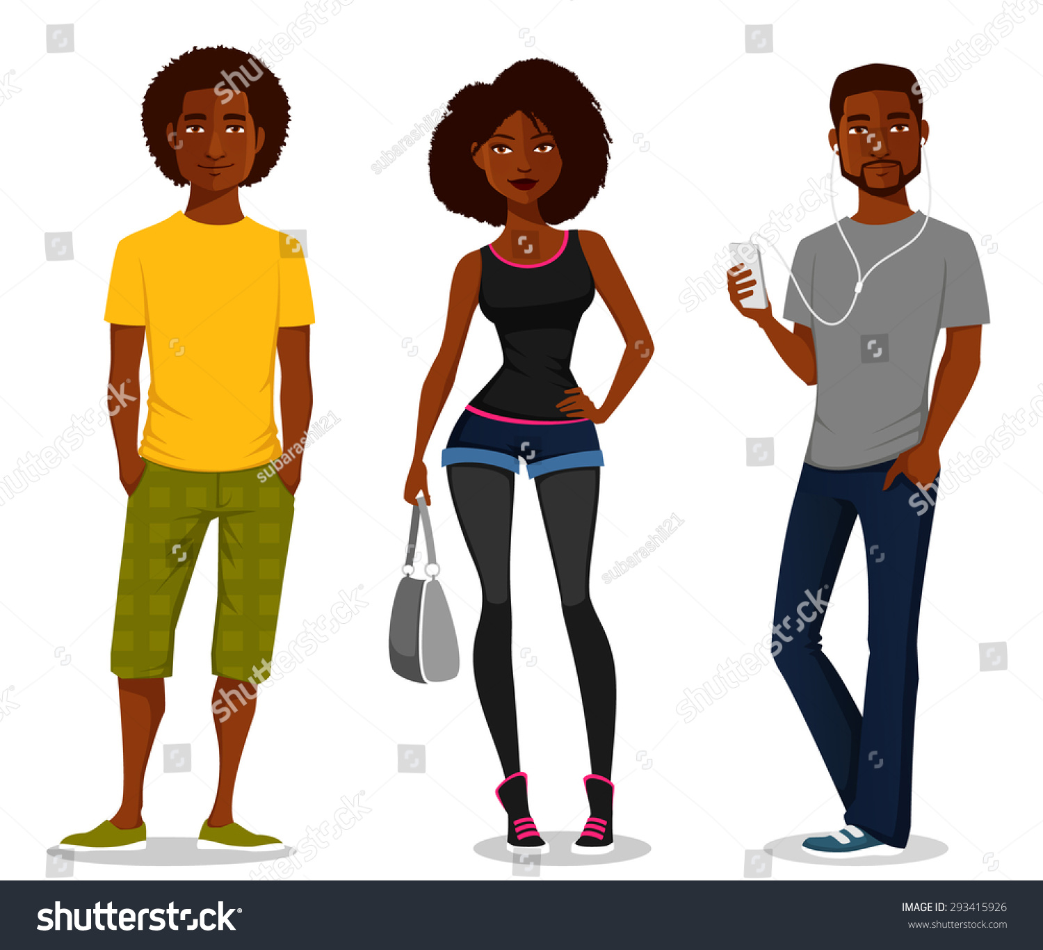 SVG of cartoon illustration of young African American people. Beautiful black woman and handsome guys in casual street fashion. svg