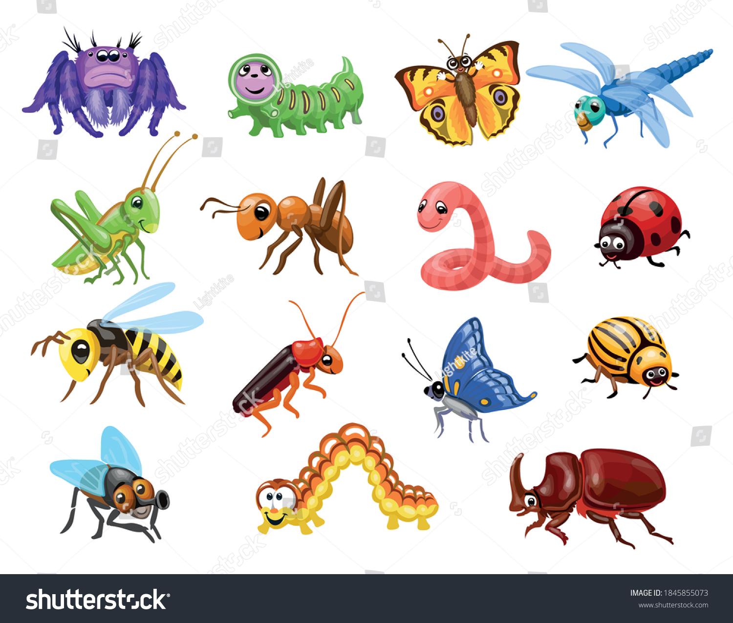 Cartoon Insects Set Funny Bugs Cute Stock Vector (Royalty Free) 1845855073