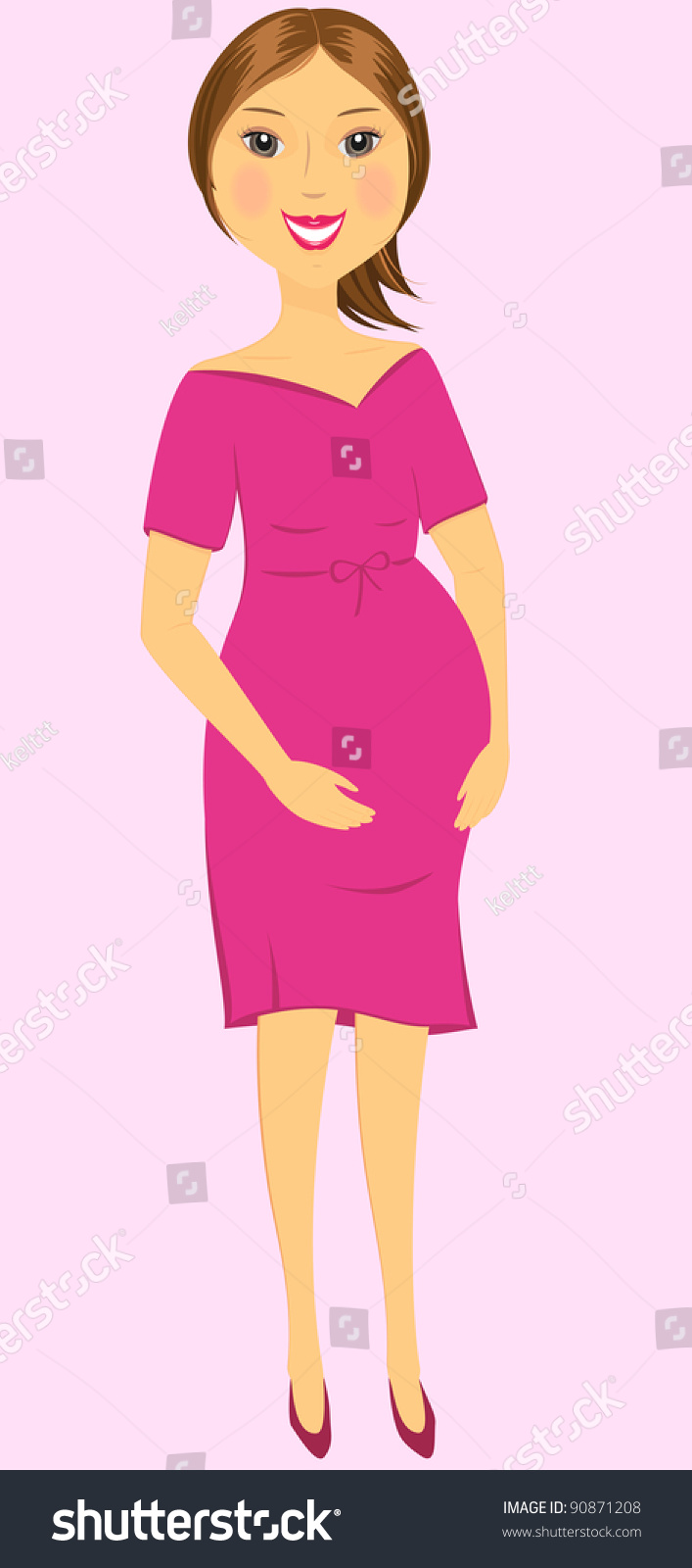 Cartoon Isolated Beautiful Pregnant Woman Standing On Pink Background ...