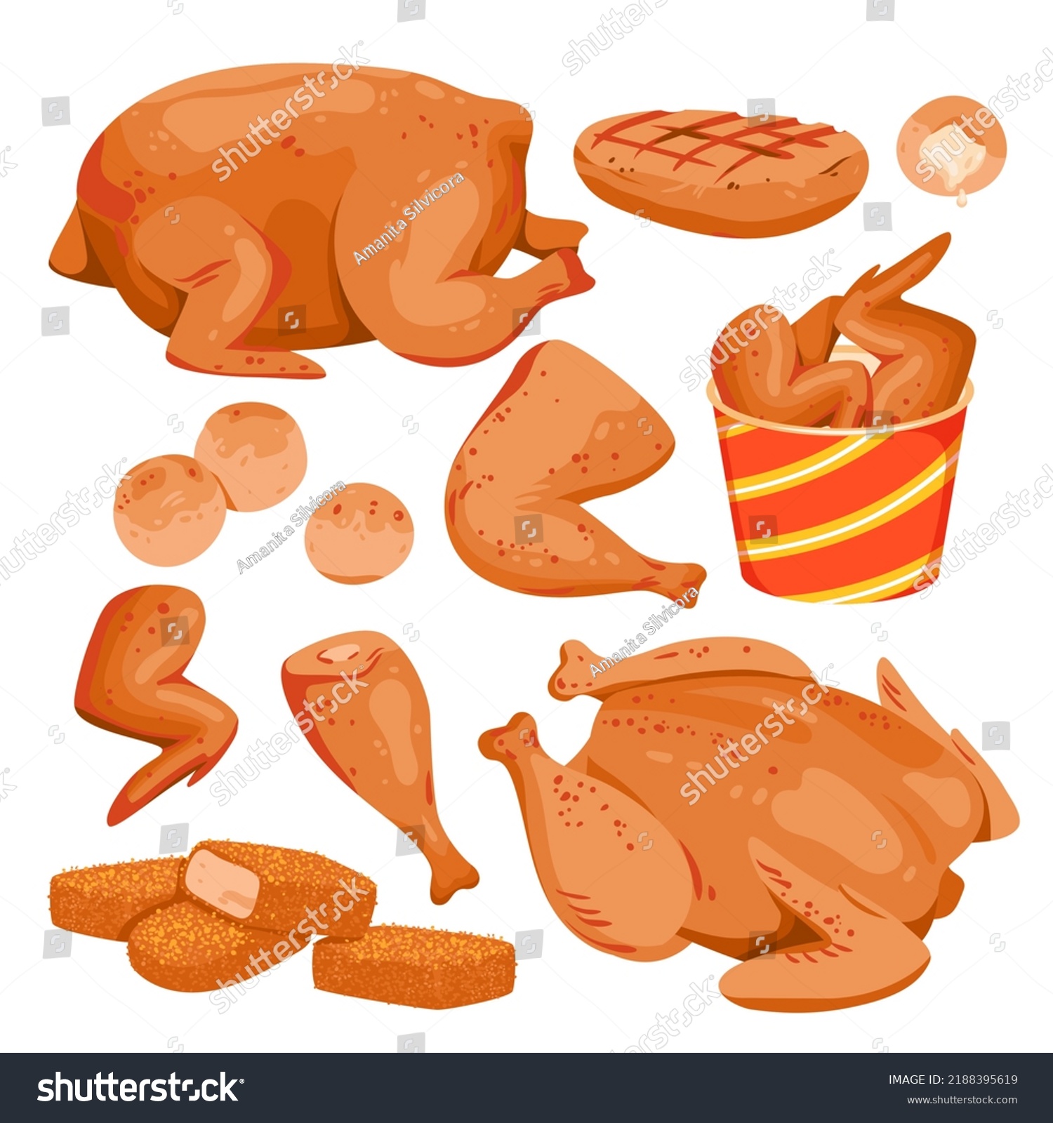 SVG of Cartoon isolated hot roasted fillet from breasts, tasty spicy drumsticks and wings in box, nuggets and grilled chicken cutlets for poultry menu collection. Fried chicken set vector illustration svg