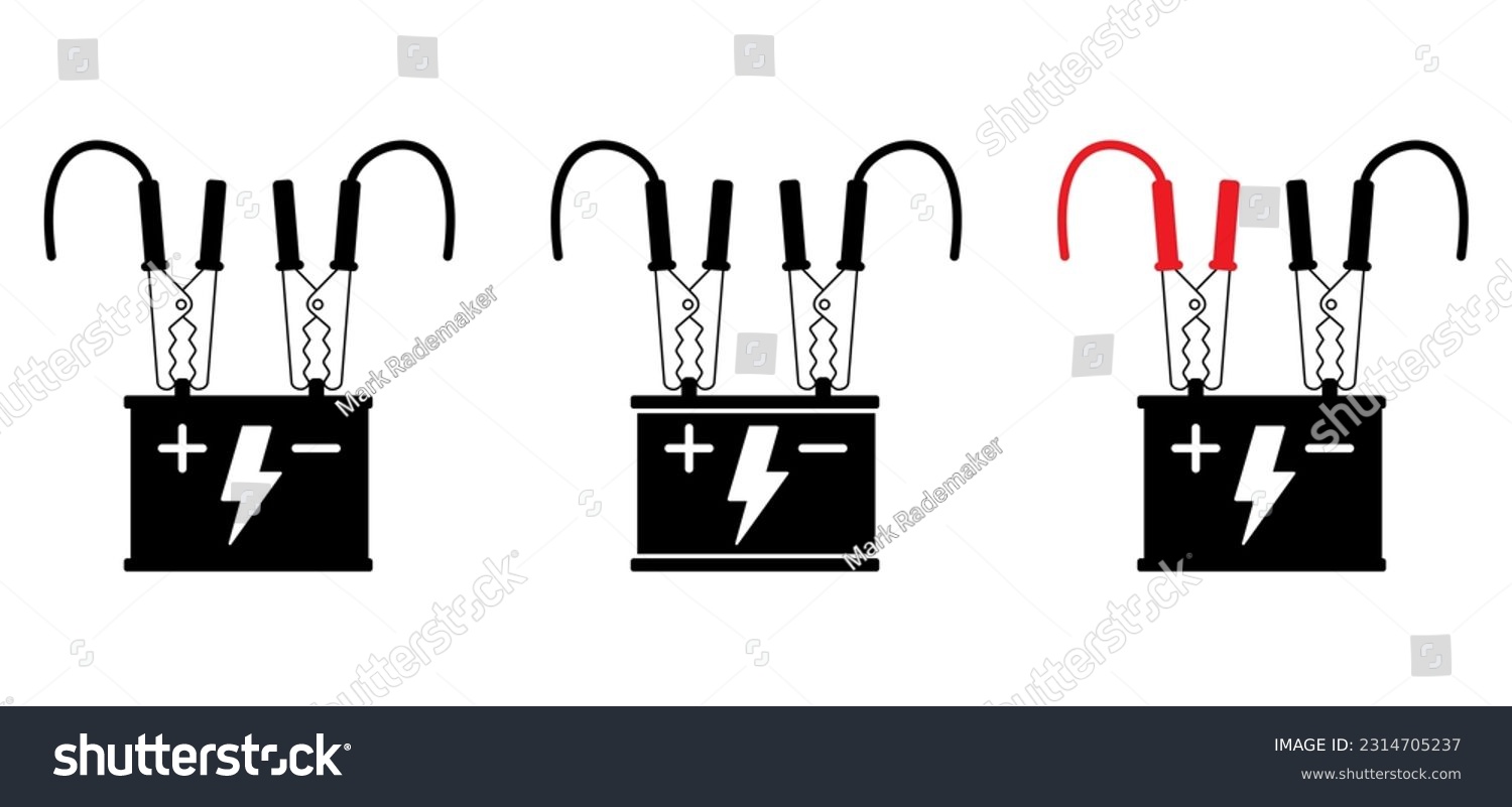 SVG of Cartoon jumper cable or jumper lead for car. Booster cable icon. Plus and minus poles. Empty battery and charge the cars. Battery jumper power cables. Jump start vehicle cable. Charging battery sign. svg