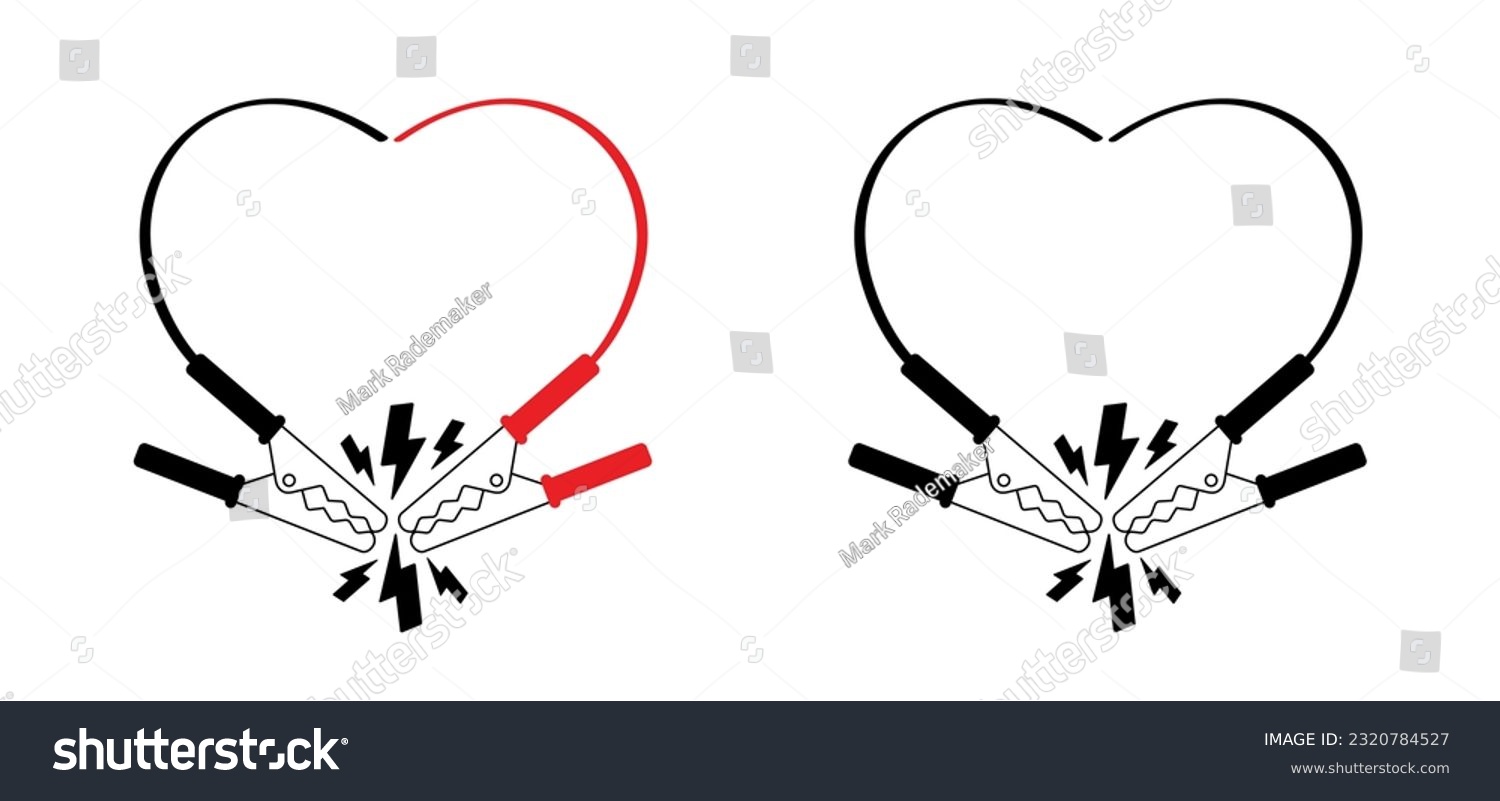 SVG of Cartoon jumper cable or jumper lead for car. Booster cable. Plus and minus poles. Battery and charge with love, heart icon. Battery jumper power cables. Jump start vehicle cable. Charging battery sign svg