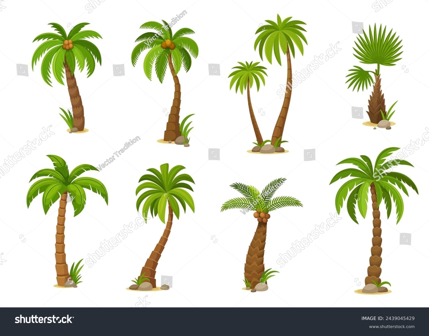 SVG of Cartoon jungle coconut palm trees. Vivid vector set featuring isolated jungle plants with lush fronds, capturing the essence of tropical beauty. Vibrant exotic flora, 2d game assets or gui elements svg