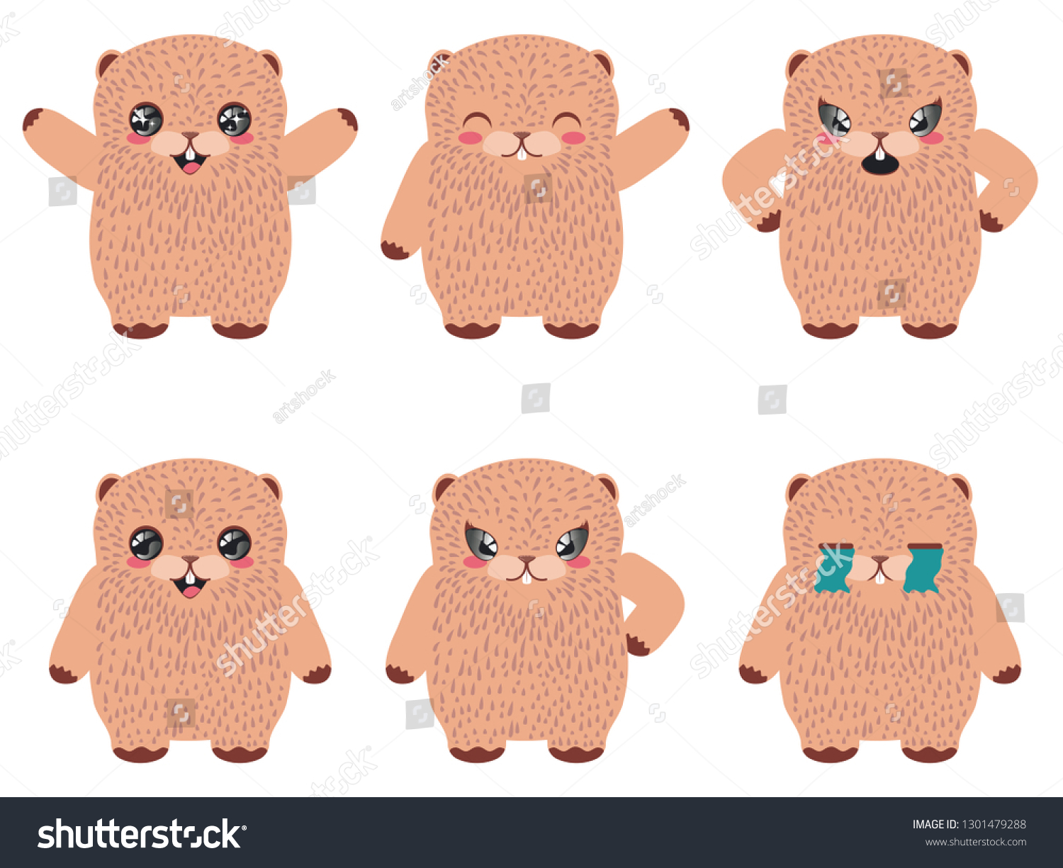 Cartoon Kawaii Groundhog Different Poses Design Stock Vector (Royalty ...