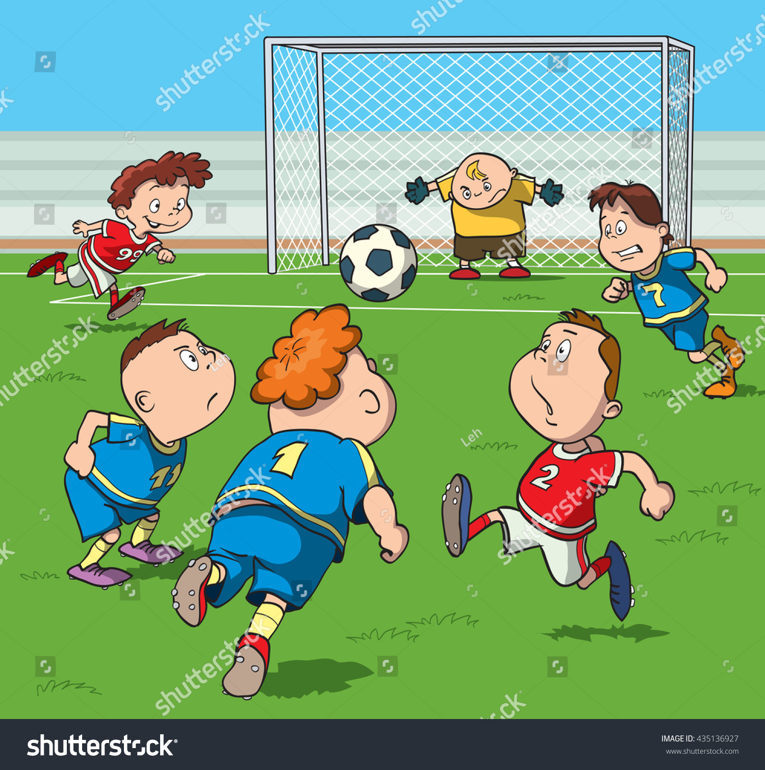 Cartoon Kids Playing Football Stadium Vector стоковая векторная