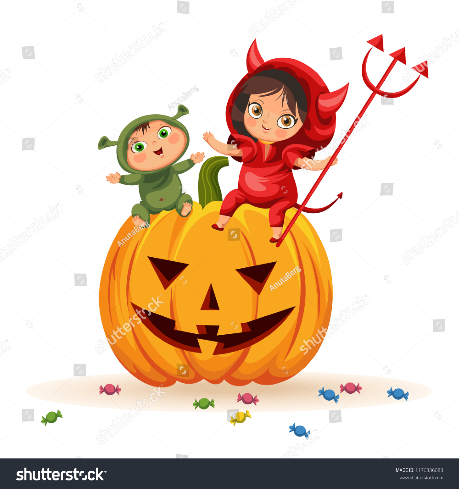 SVG of Cartoon kids sitting on Halloween pumpkin poster. Happy children in Hallows mystery costumes of shrek and devil having funny time. Family horror party concept. svg