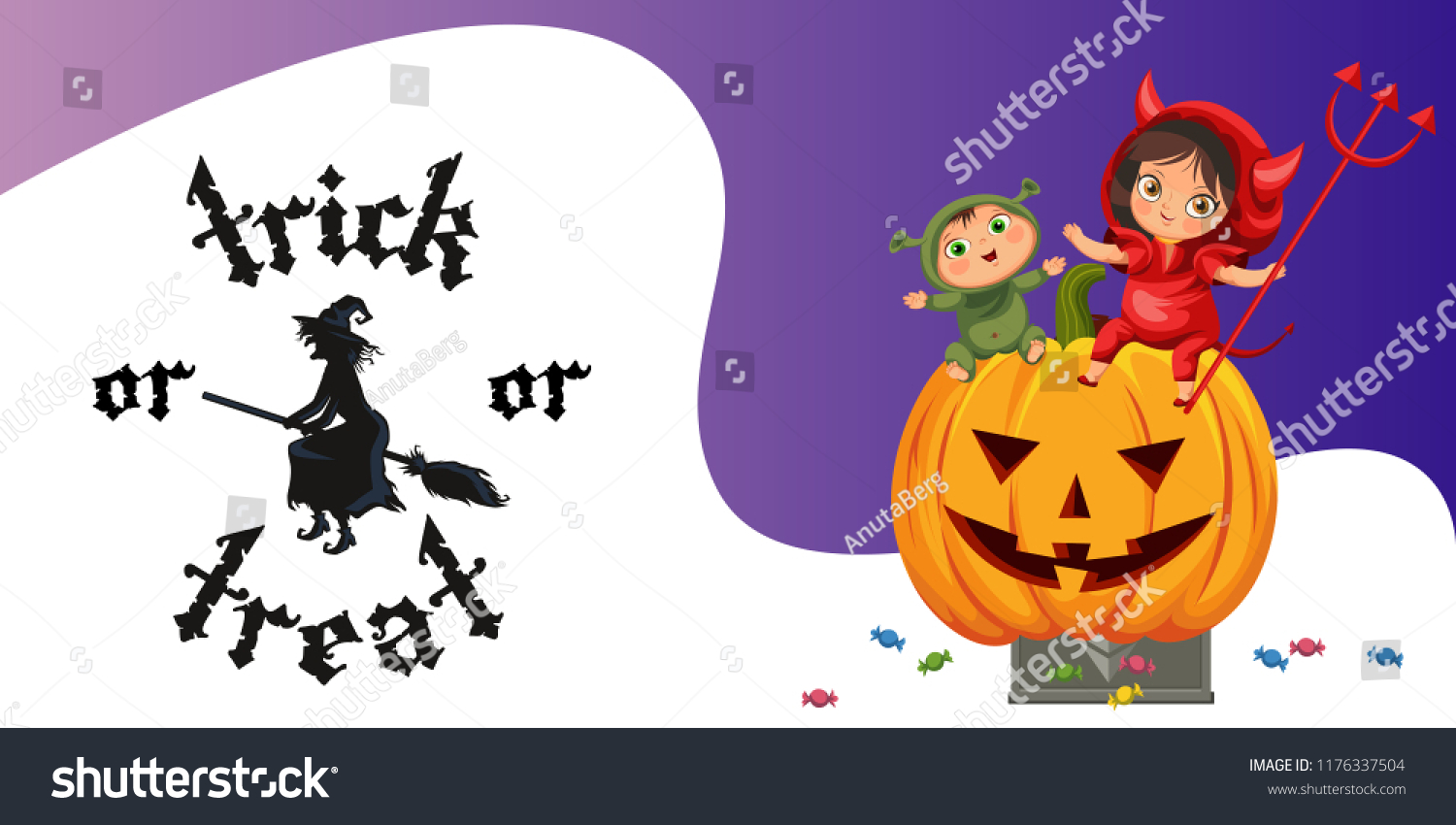 SVG of Cartoon kids sitting on Halloween pumpkin poster. Happy children in Hallows mystery costumes of shrek and devil having funny time. Family horror party concept. svg