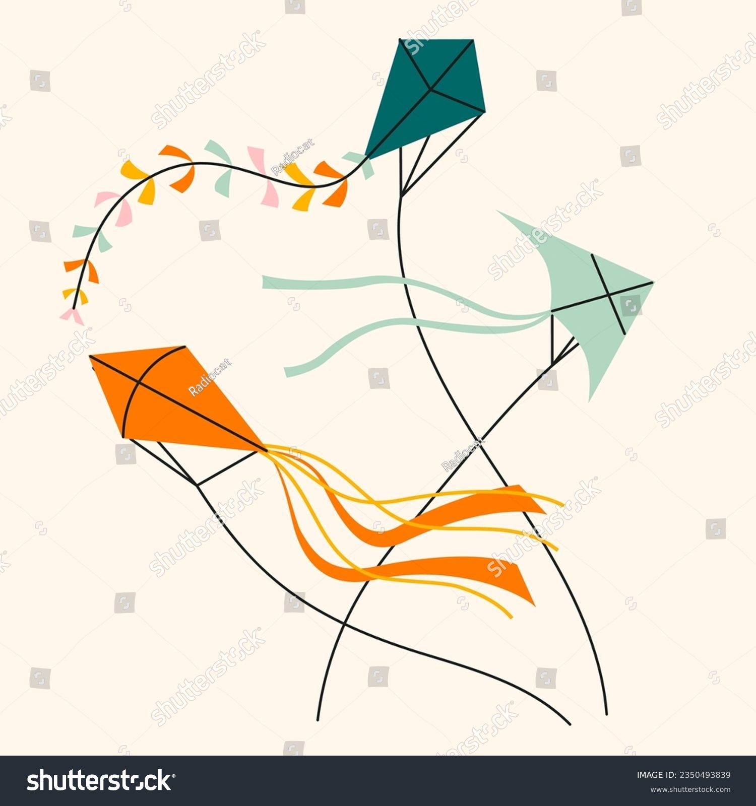 SVG of Cartoon kites in sky. Trendy colourful vector Hand Drawn illustration. Wind flying toy with ribbon and tail for kids. Makar Sankranti.  svg