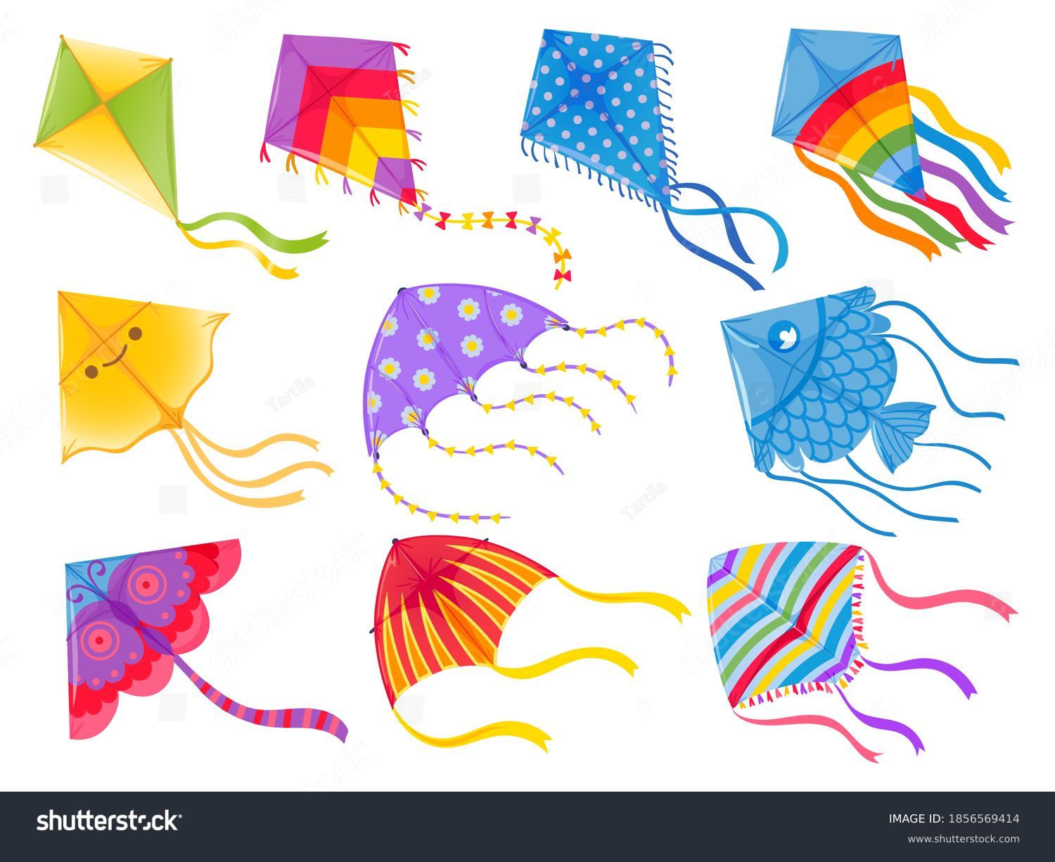 SVG of Cartoon kites. Wind flying toy with ribbon and tail for kids. Makar Sankranti. Butterfly, fish and rainbow kite shape and design, vector set. Illustration wind kite game, summer flying toy svg