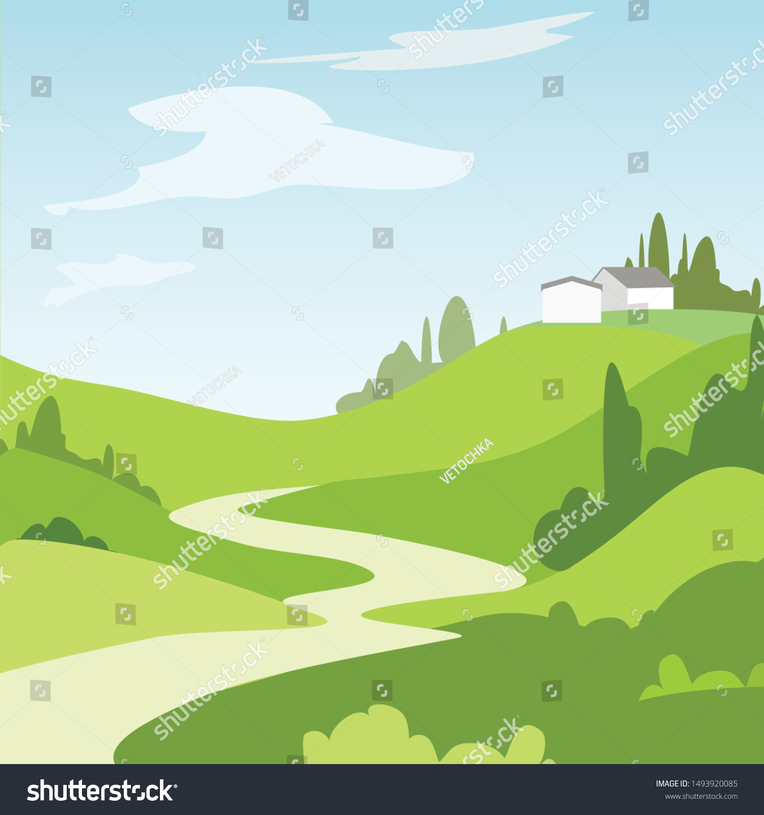 Cartoon Landscape Green Fields Trees House Stock Vector (Royalty Free ...