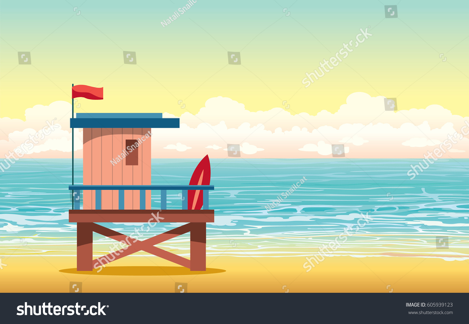SVG of Cartoon lifeguard house on cloudy sunset sky and blue sea in background. Summer vector illustration.  svg