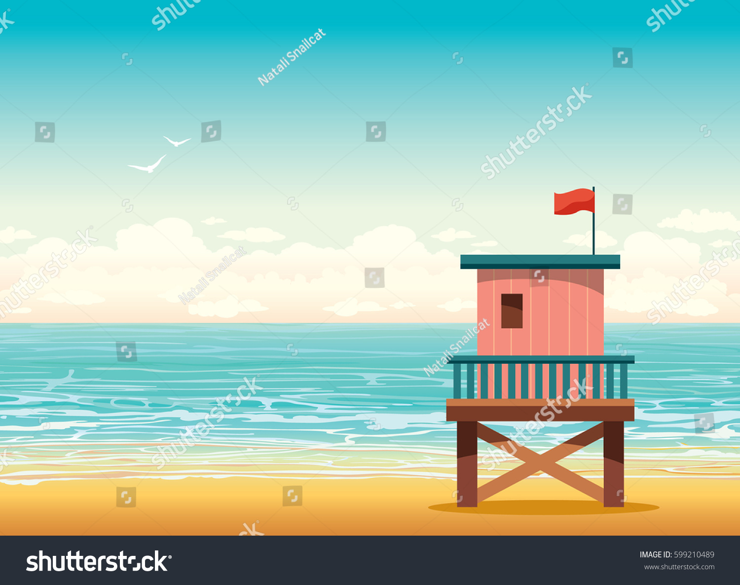 SVG of Cartoon lifeguard tower on the beach with blue ocean and cloudy sky. Vector summer illustration.  svg