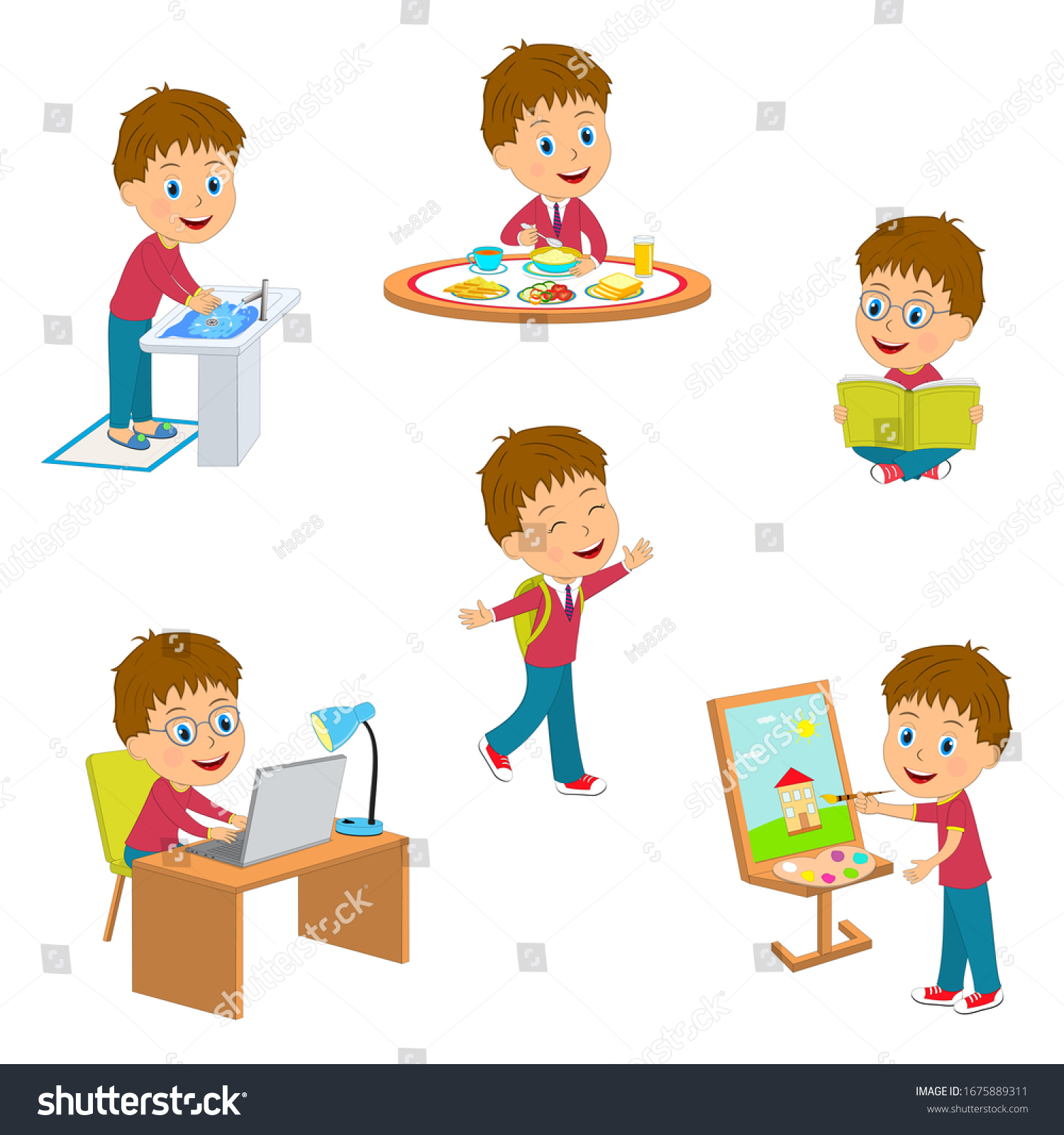 Cartoon Little Boy Daily Routine Illustrationvector Stock Vector ...