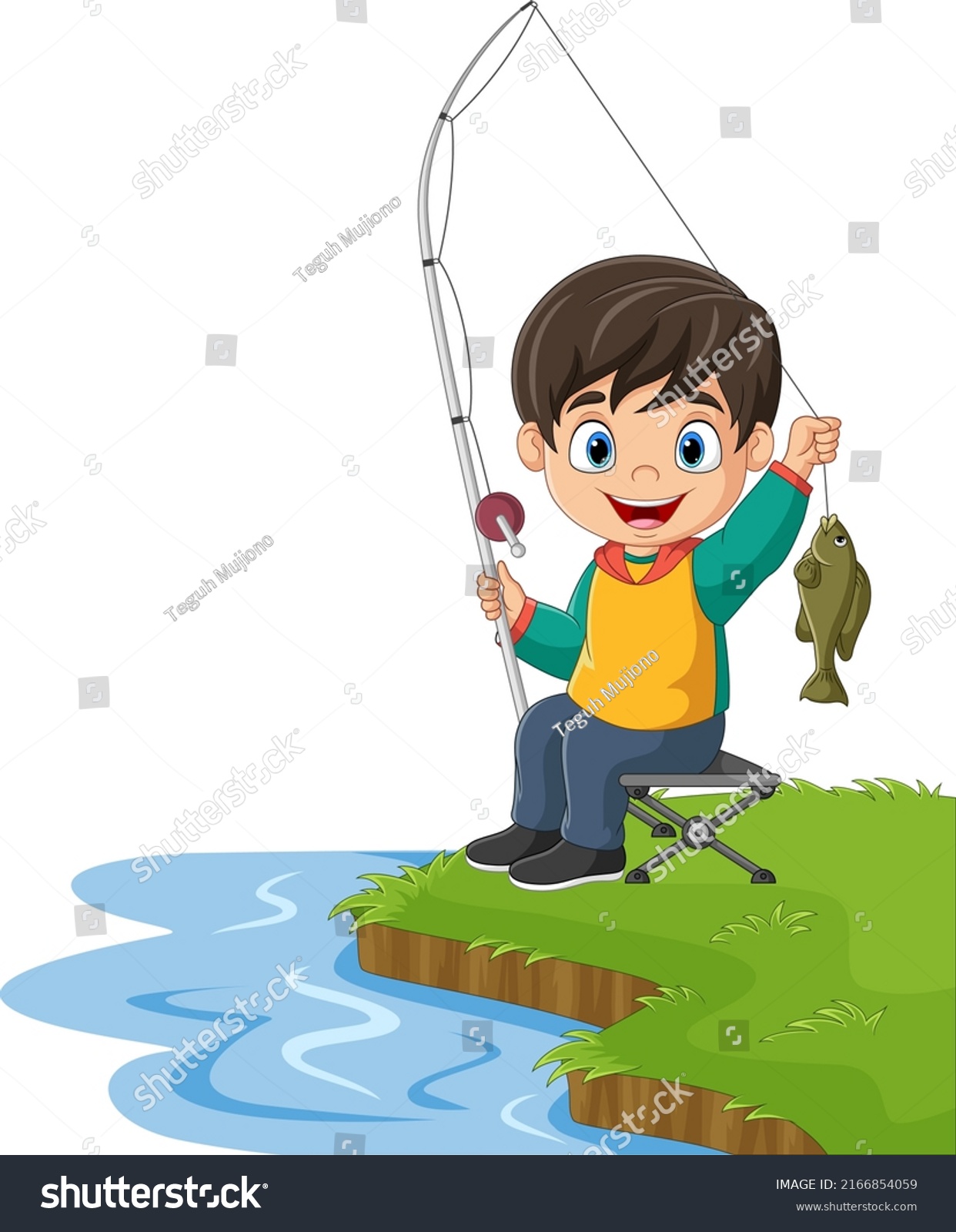 Cartoon Little Boy Fishing On Lake Stock Vector (Royalty Free ...